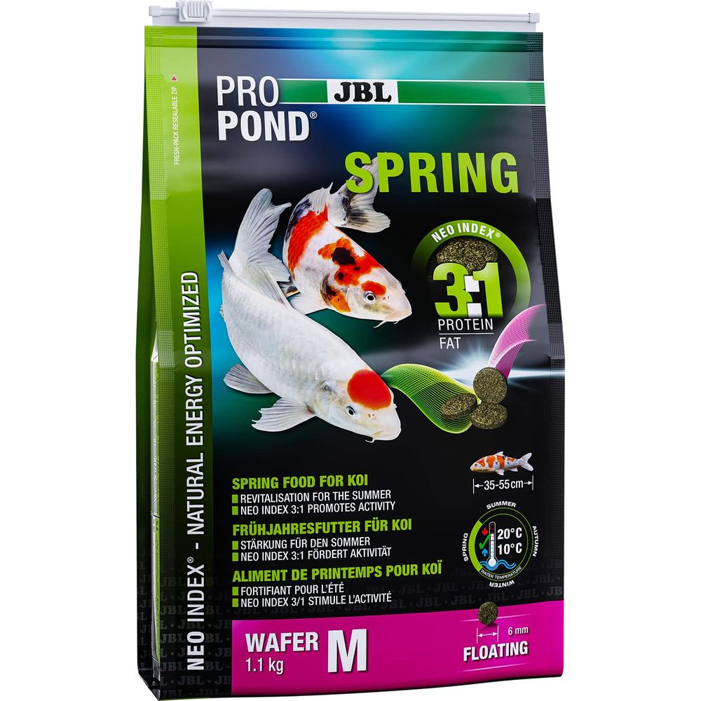 JBL Pro Pond Spring Koi Futter, 1.1 kg, mit zwei Koi-Fischen und Nährwertangaben.