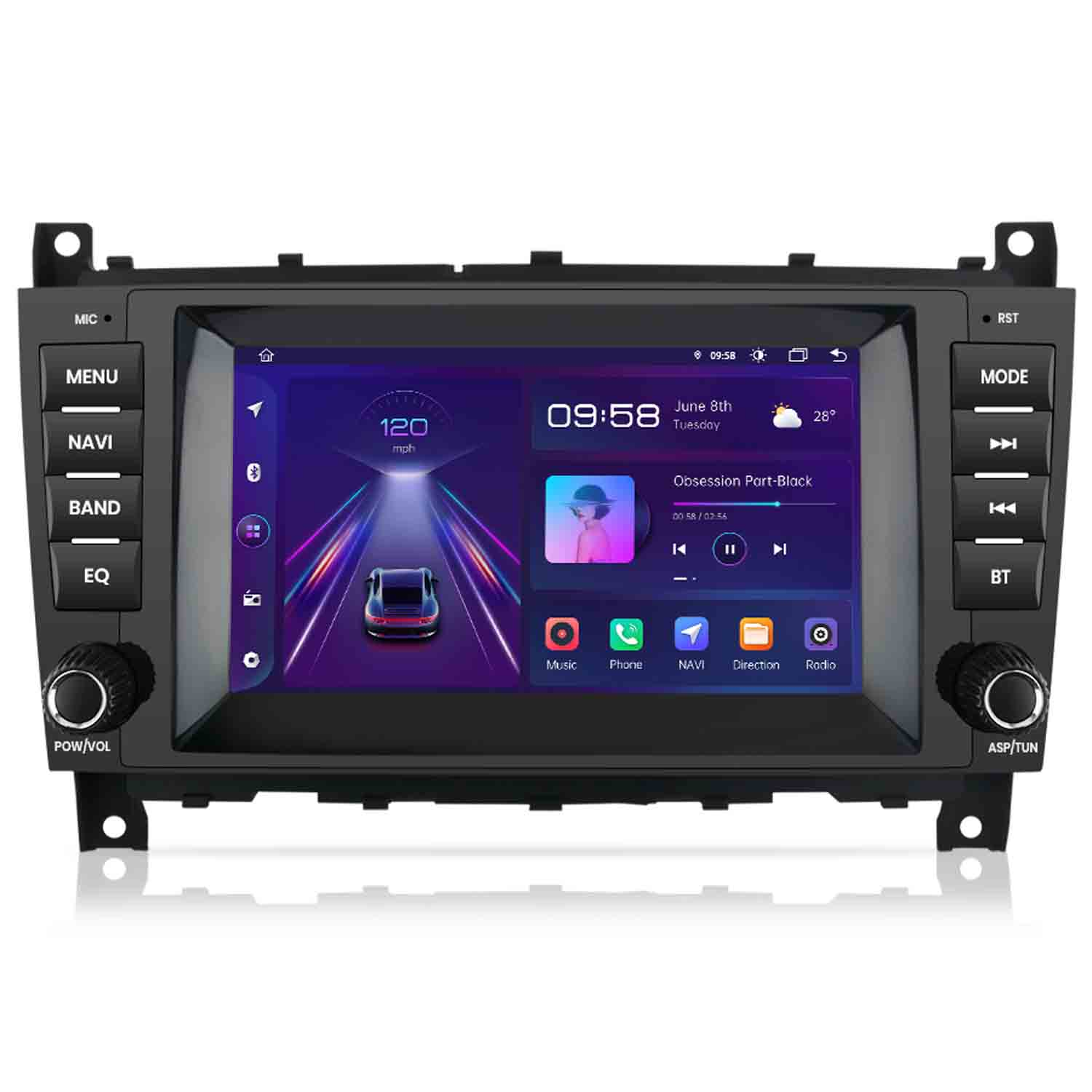 Ein Autoradio-Bildschirm mit Navigation und Musik.