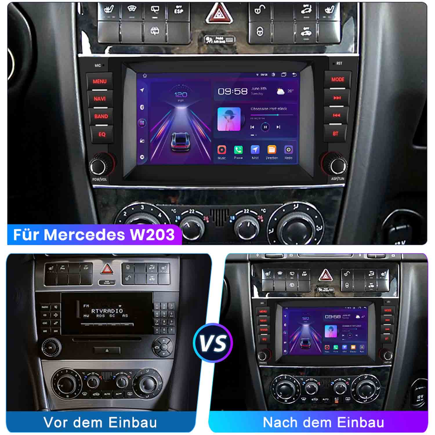 Vergleich: Mercedes W203 Radio vor und nach dem Einbau eines neuen Infotainmentsystems.