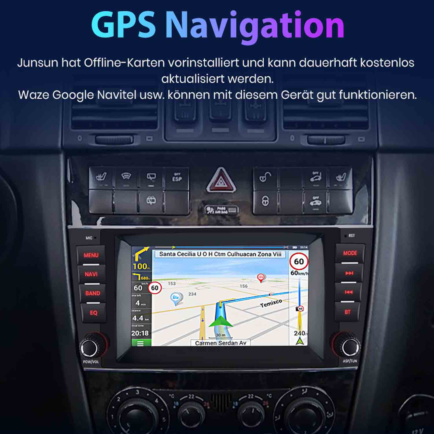GPS-Navigationsbildschirm mit Karte und Fahrzeuginformationen.