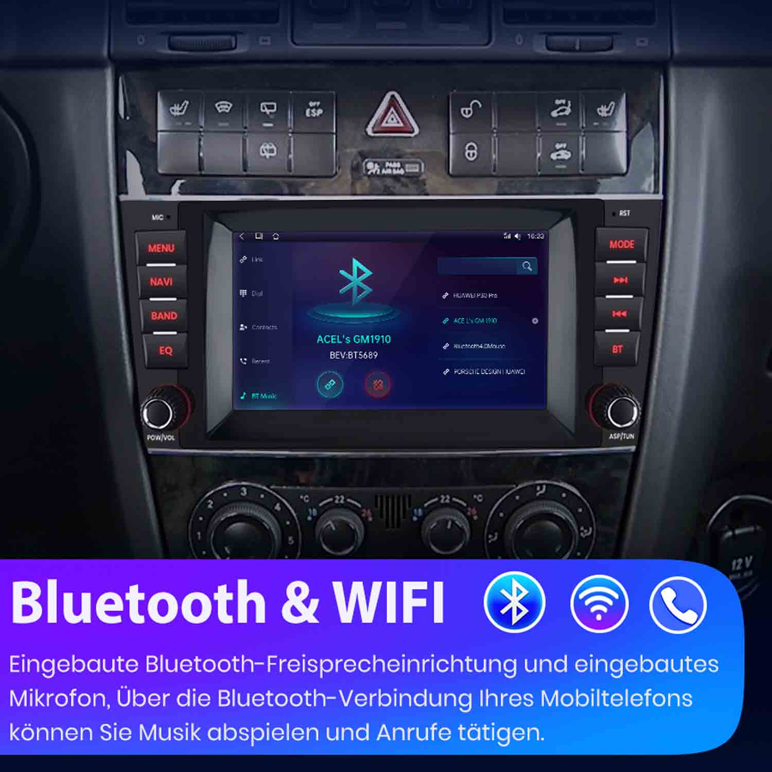 Ein Auto-Infotainmentsystem mit Bluetooth- und WIFI-Symbolen und Text.