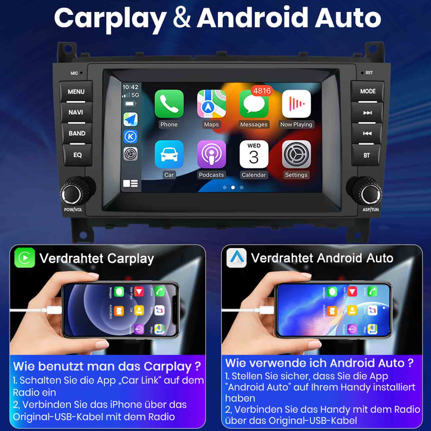 Carplay & Android Auto Anzeige mit Beispiel-Telefonverbindungen.