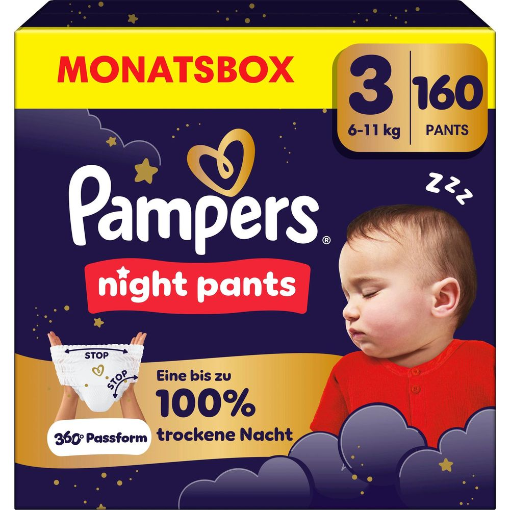Pampers Nachtwindel Packung: Baby schläft, Windel mit 360° Passform, 160 Stück.