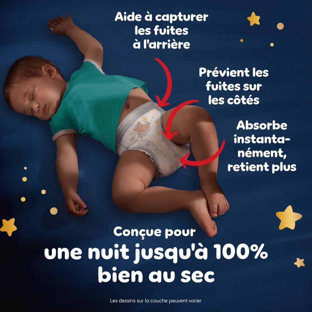 Ein Baby schläft mit Windel. Pfeile zeigen auf die Windel und Text beschreibt die Funktionen.