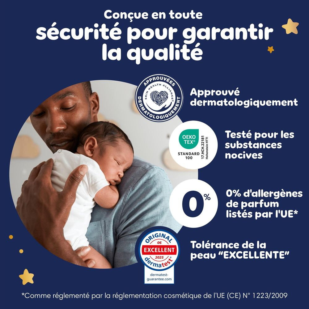 Mann hält Baby, dermatologisch getestet, OEKO-TEX, 0% Allergene, exzellente Hautverträglichkeit.