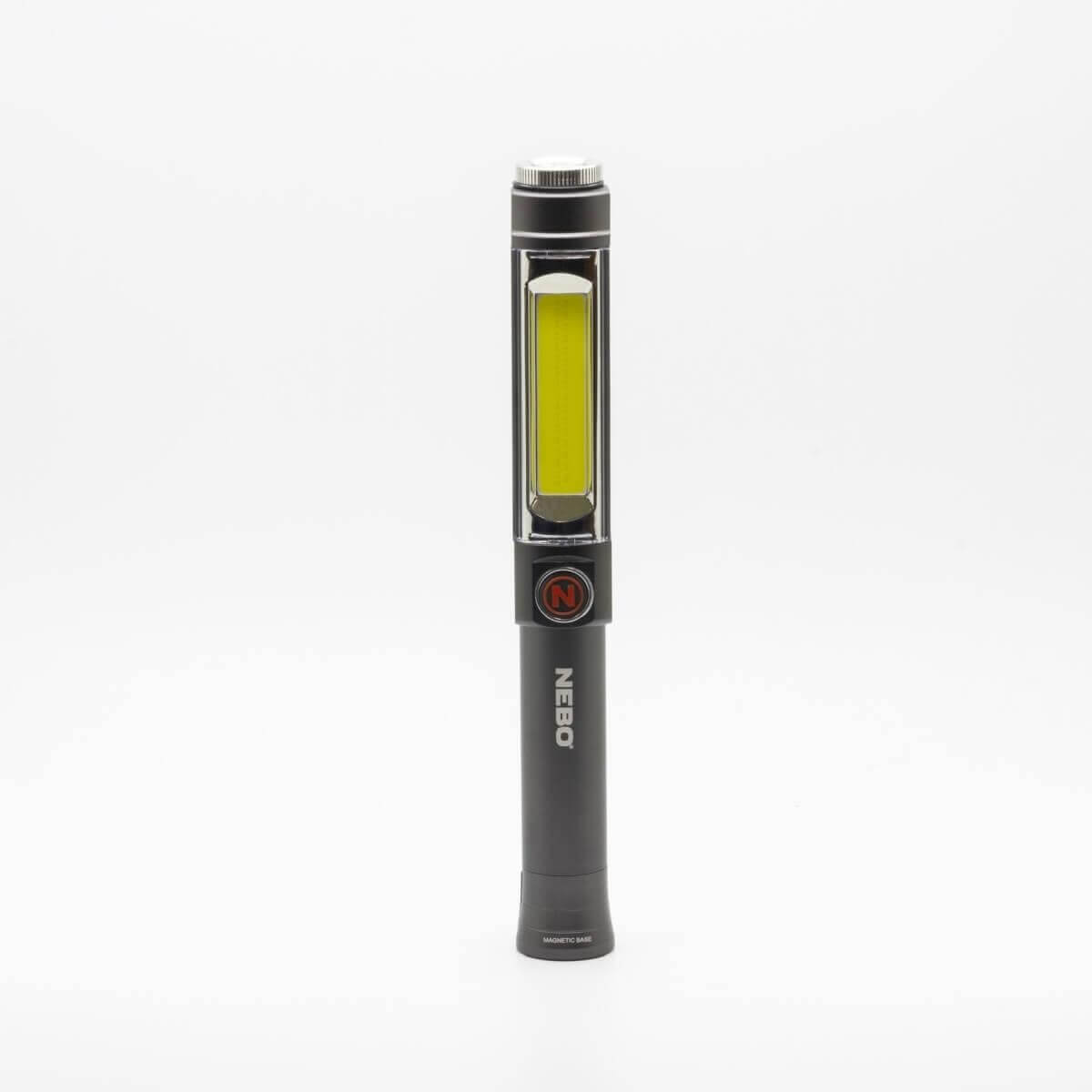 Torcia grigio scuro con striscia LED luminosa e logo N rosso.