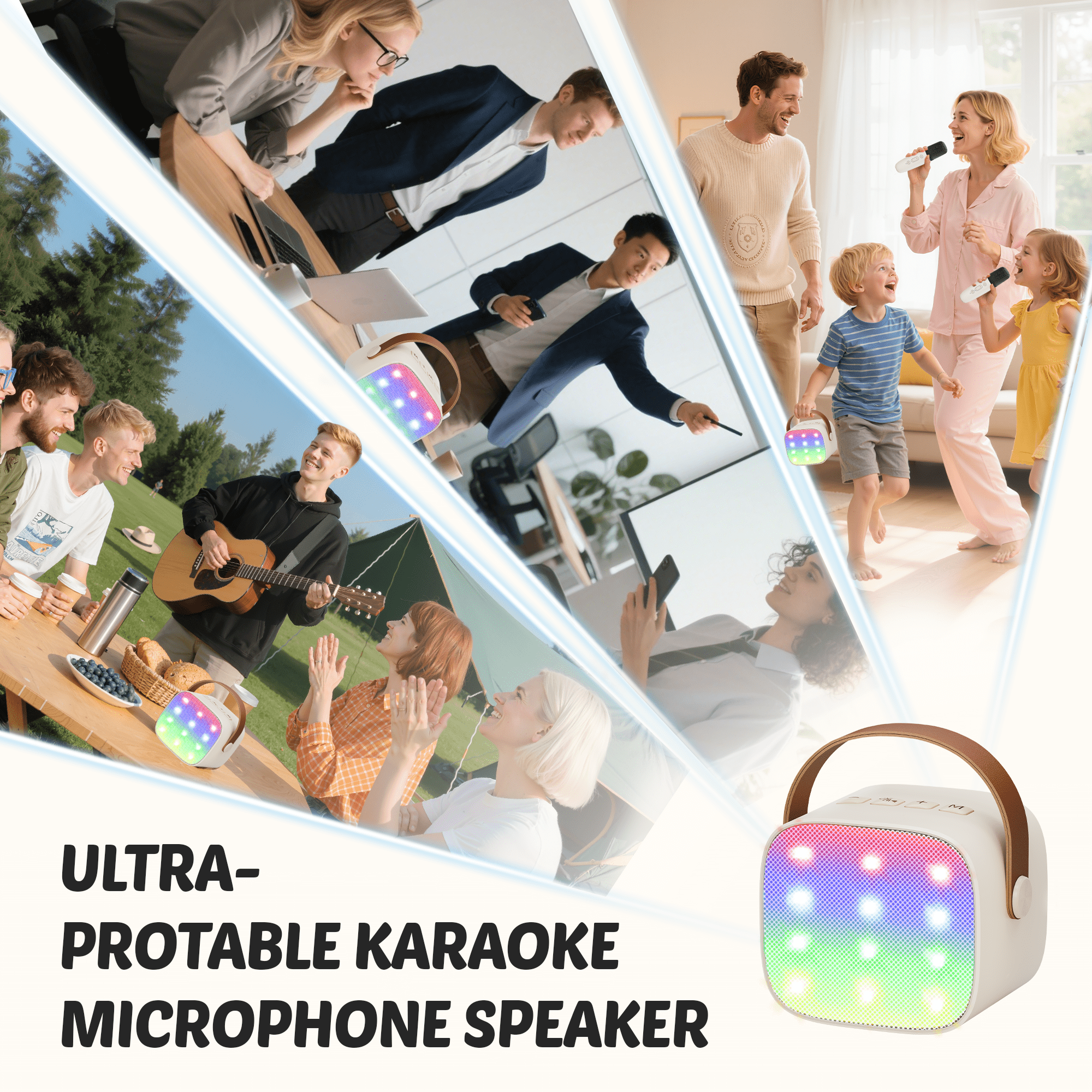 Ein tragbarer Karaoke-Lautsprecher mit Lichteffekten wird in verschiedenen Szenarien gezeigt.