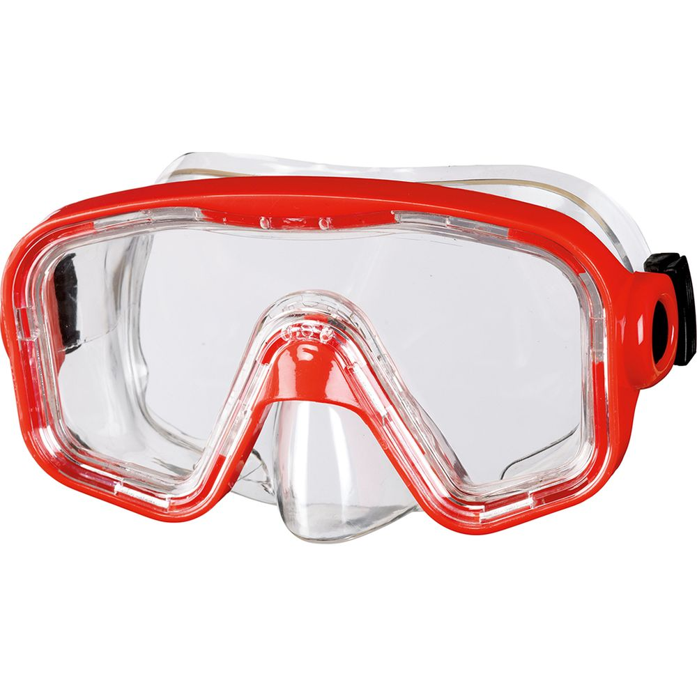 Eine rote Tauchmaske mit klaren Gläsern und einem Nasenerker.