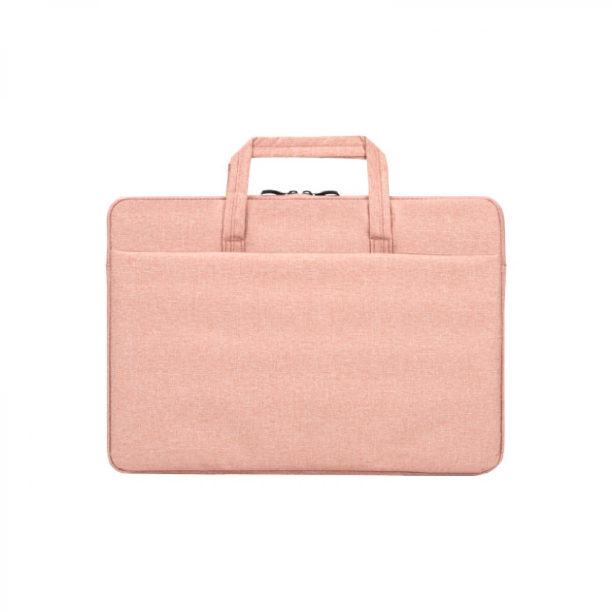 Eine rosafarbene Laptoptasche mit zwei Griffen und einer Außentasche.