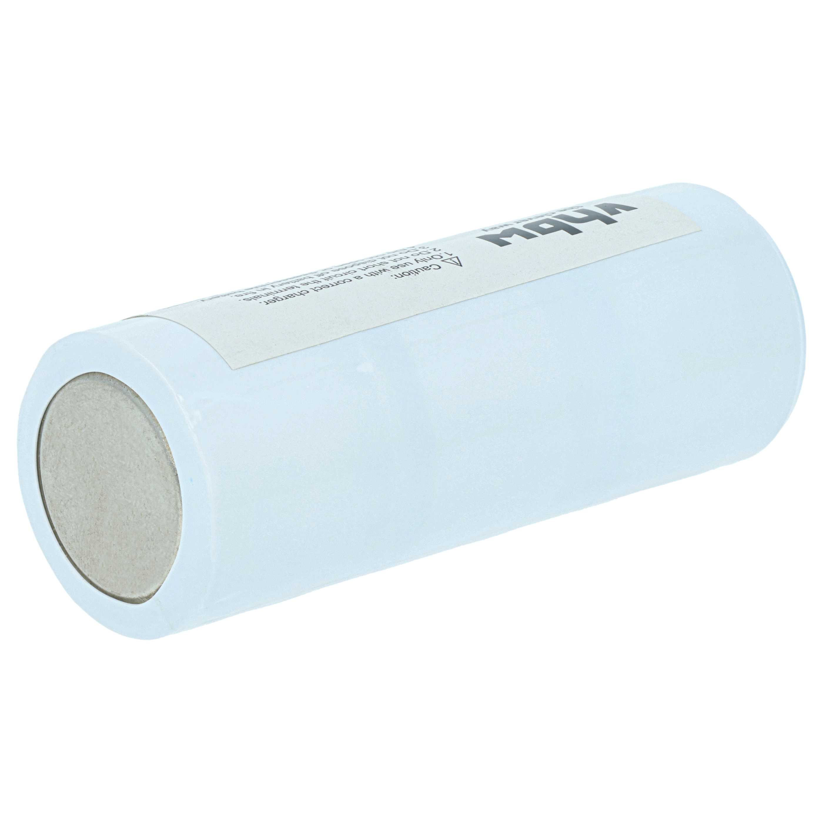 Eine weiße Zylinderbatterie mit Aufkleber und Warnhinweisen.