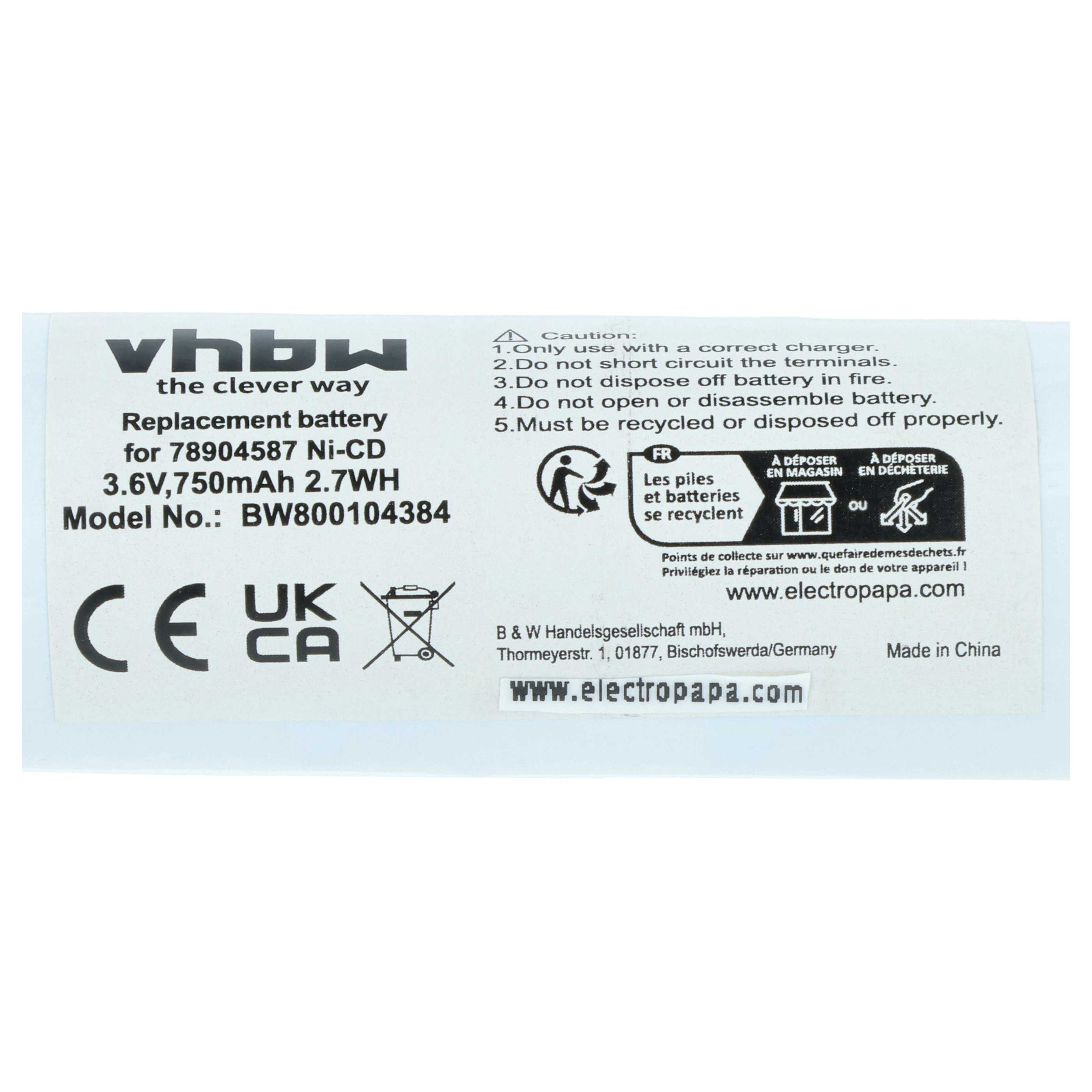vhbw Ersatzakku für 78904587 Ni-CD, 3,6V, 750mAh. Mit CE, UK CA Siegeln.