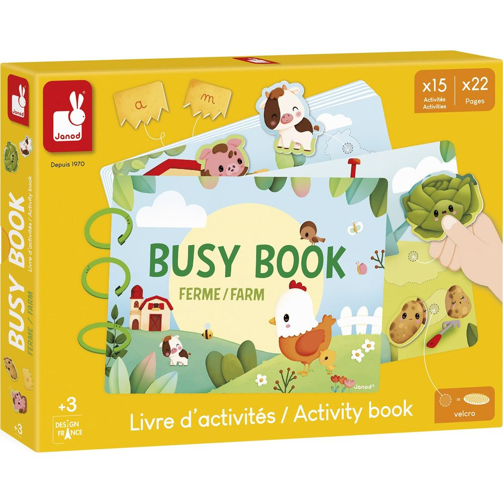 Confezione di un Janod Busy Book con animali da fattoria e verdure.