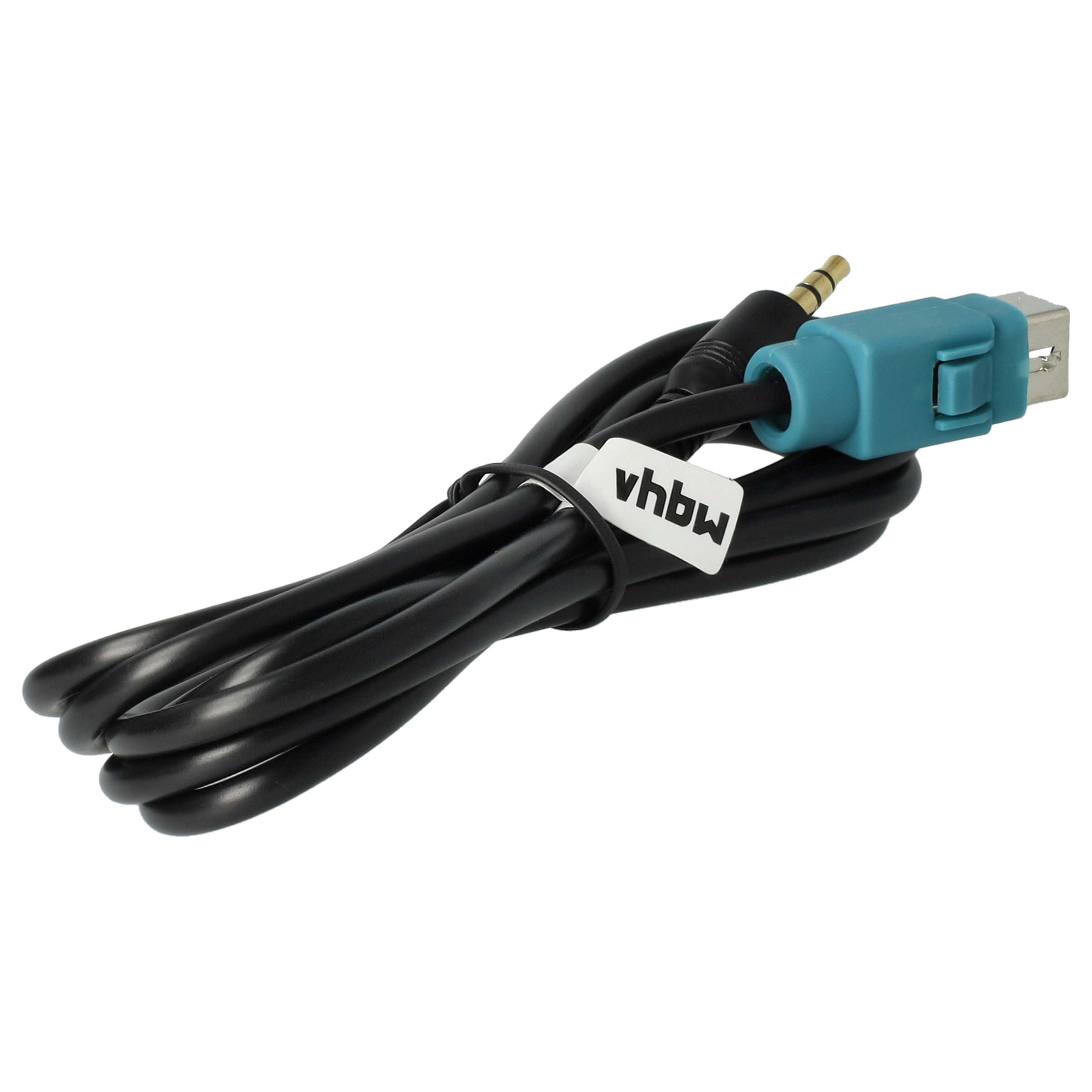 Schwarzes Kabel mit 3,5-mm-Klinken- und USB-Anschluss, mit Etikett.
