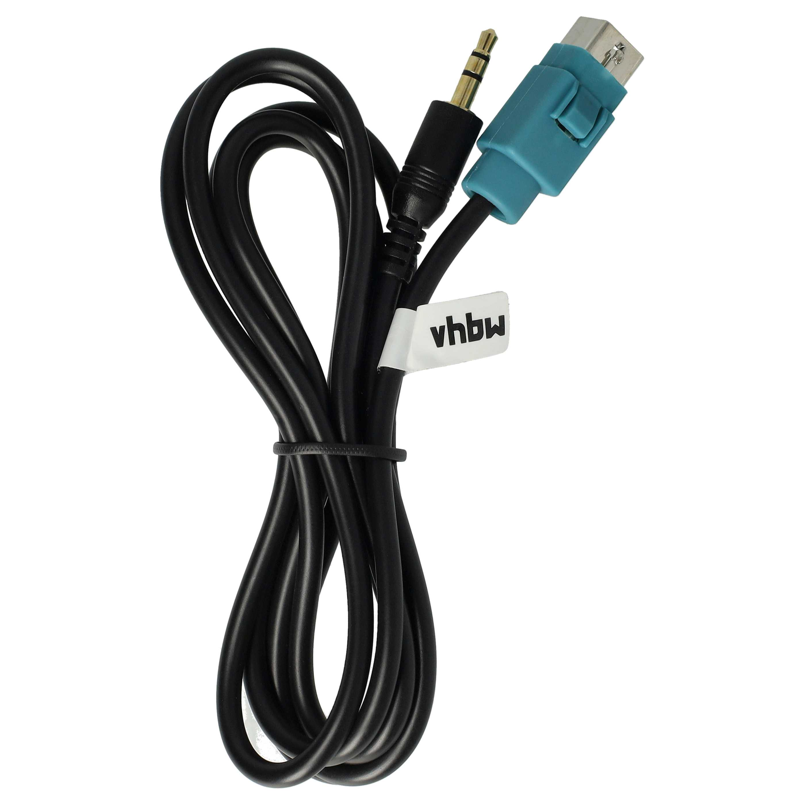 Schwarzes Kabel mit 3,5-mm-Klinken- und blauem Stecker. Aufkleber mit „vhbw“.