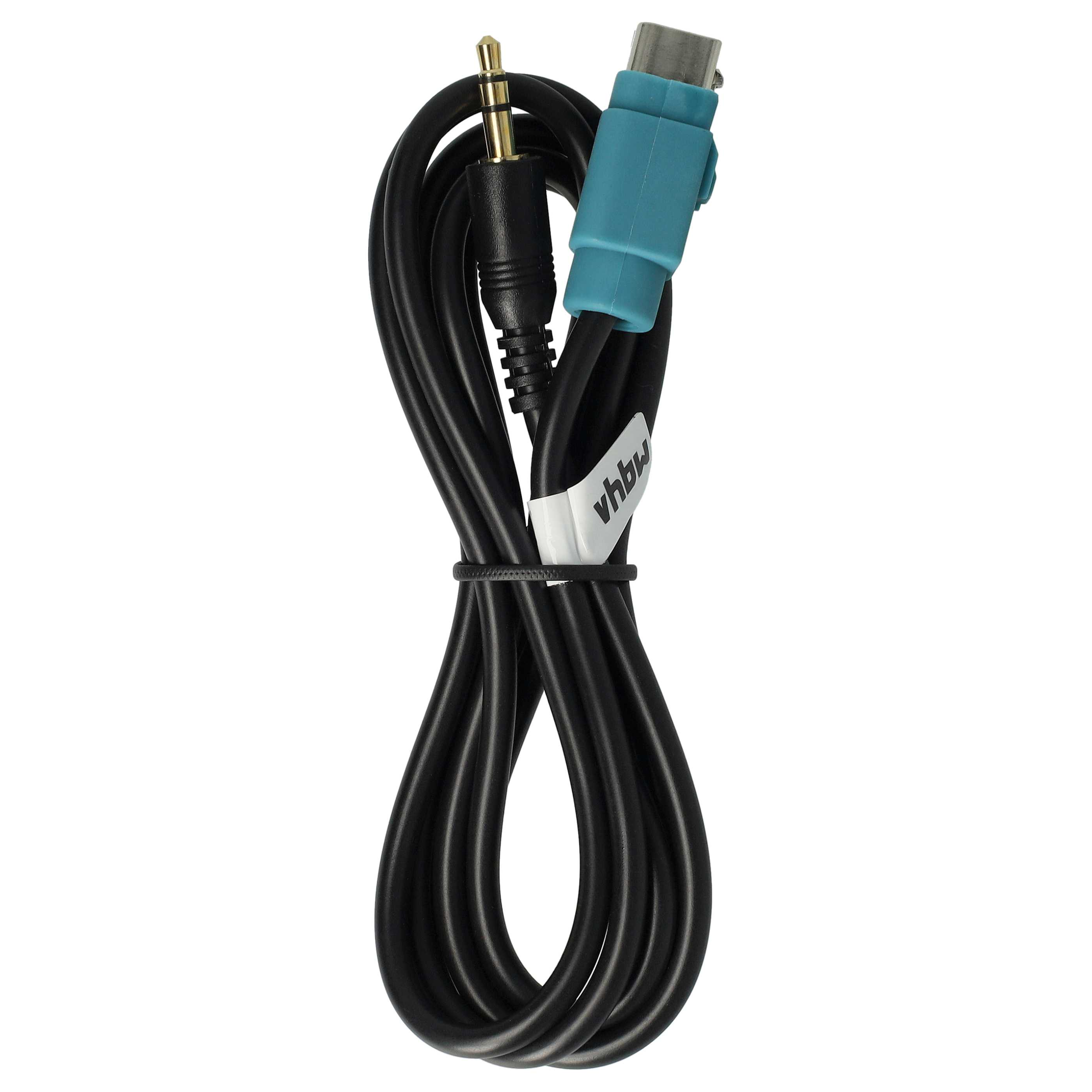Ein schwarzes Kabel mit 3,5-mm-Stecker und blauem Stecker.