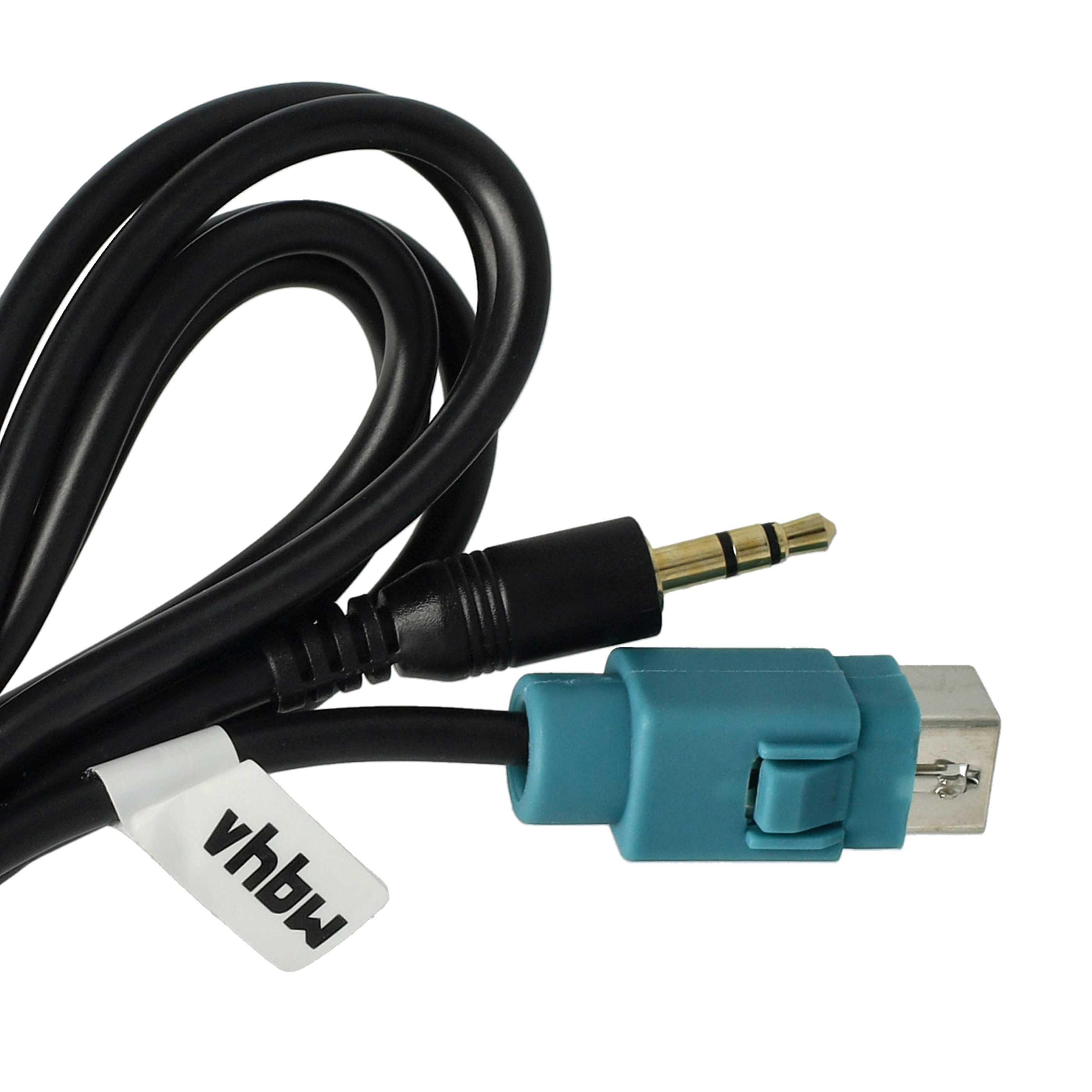 Schwarzes Kabel mit 3,5-mm-Klinken- und USB-Anschluss, weißes Etikett