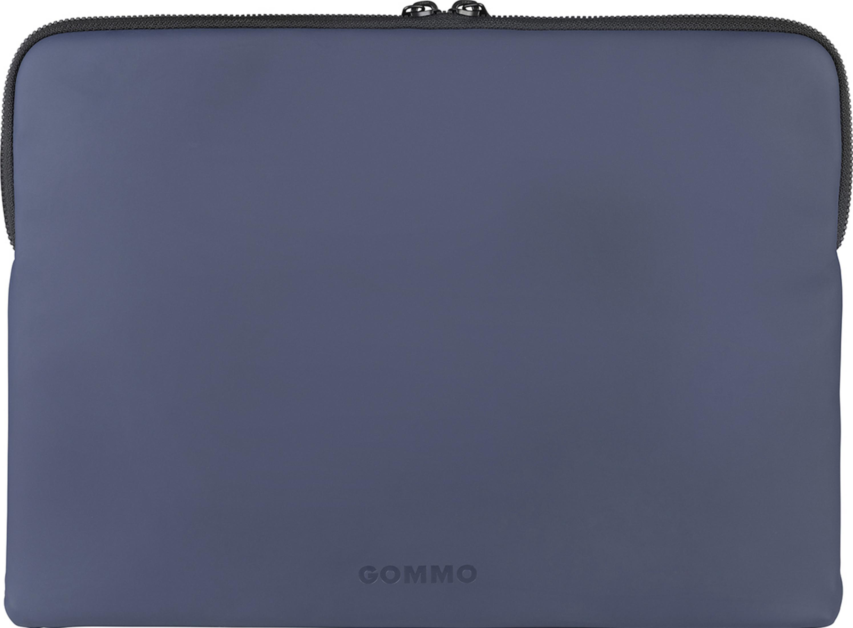 Eine dunkelblaue Laptoptasche mit Reißverschluss und Logo.