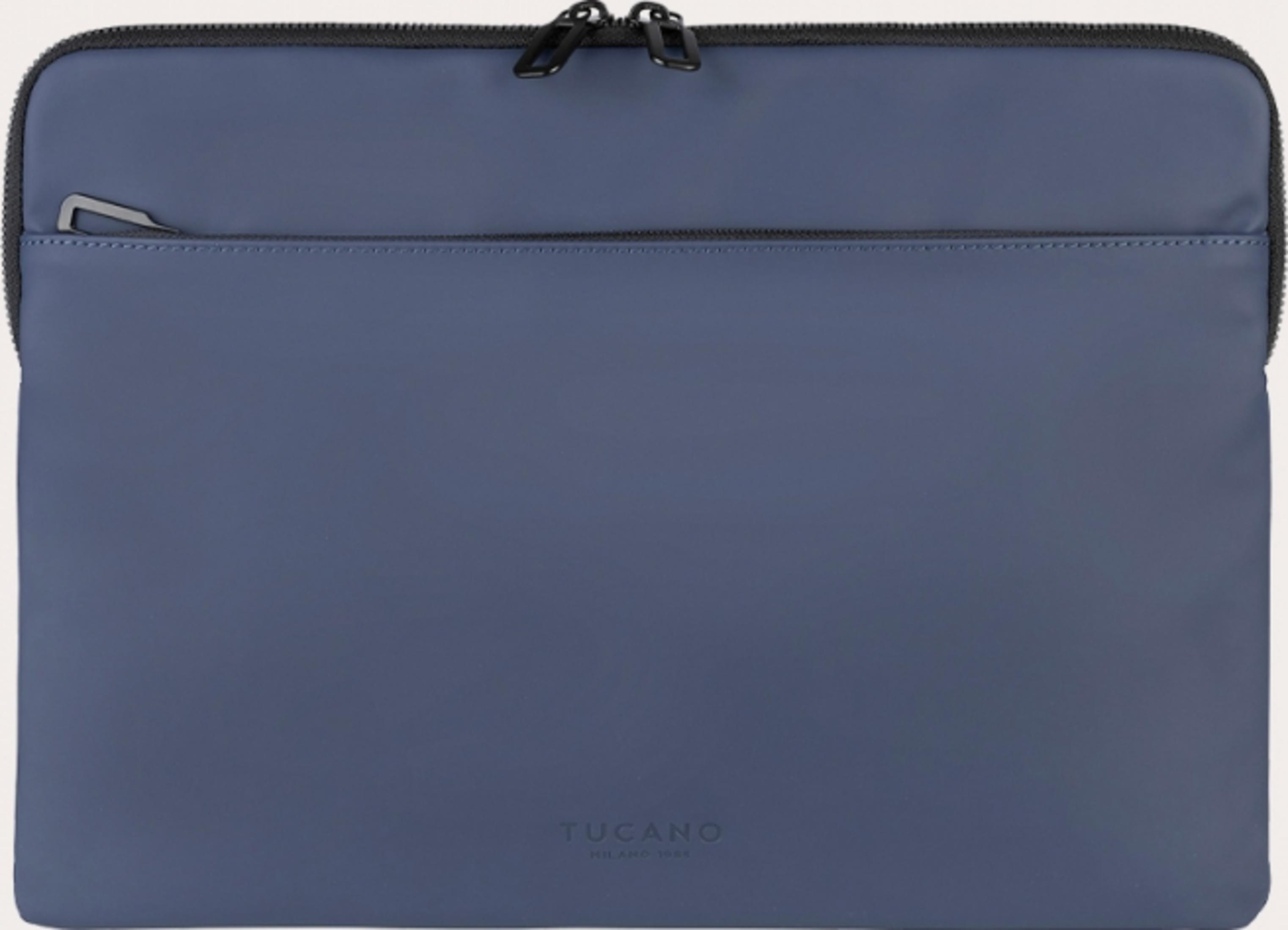 Dunkelblaue Laptoptasche mit schwarzem Reißverschluss und kleinem Fach vorn.