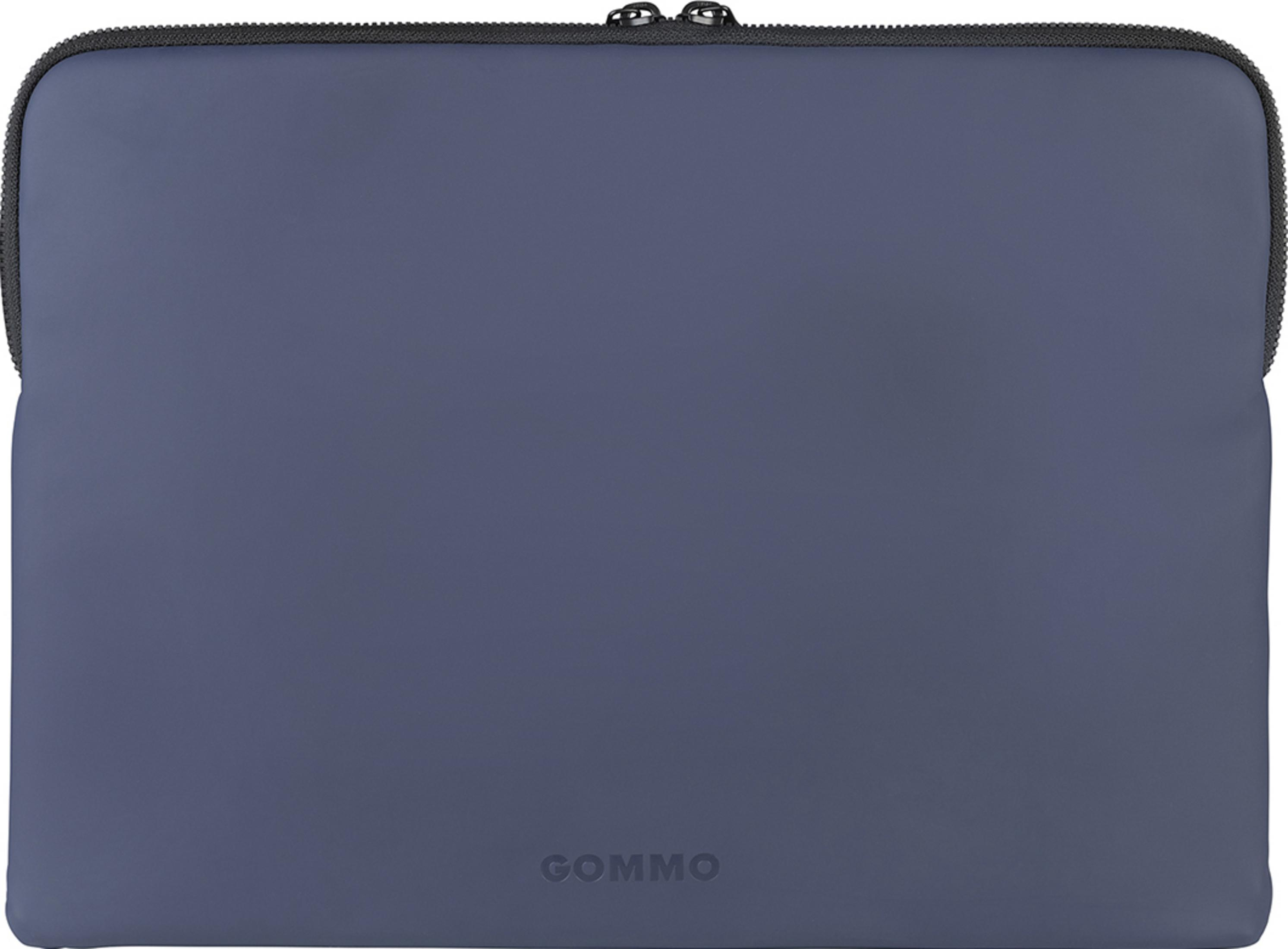 Dunkelblaue Laptoptasche mit schwarzem Reißverschluss und Logo.