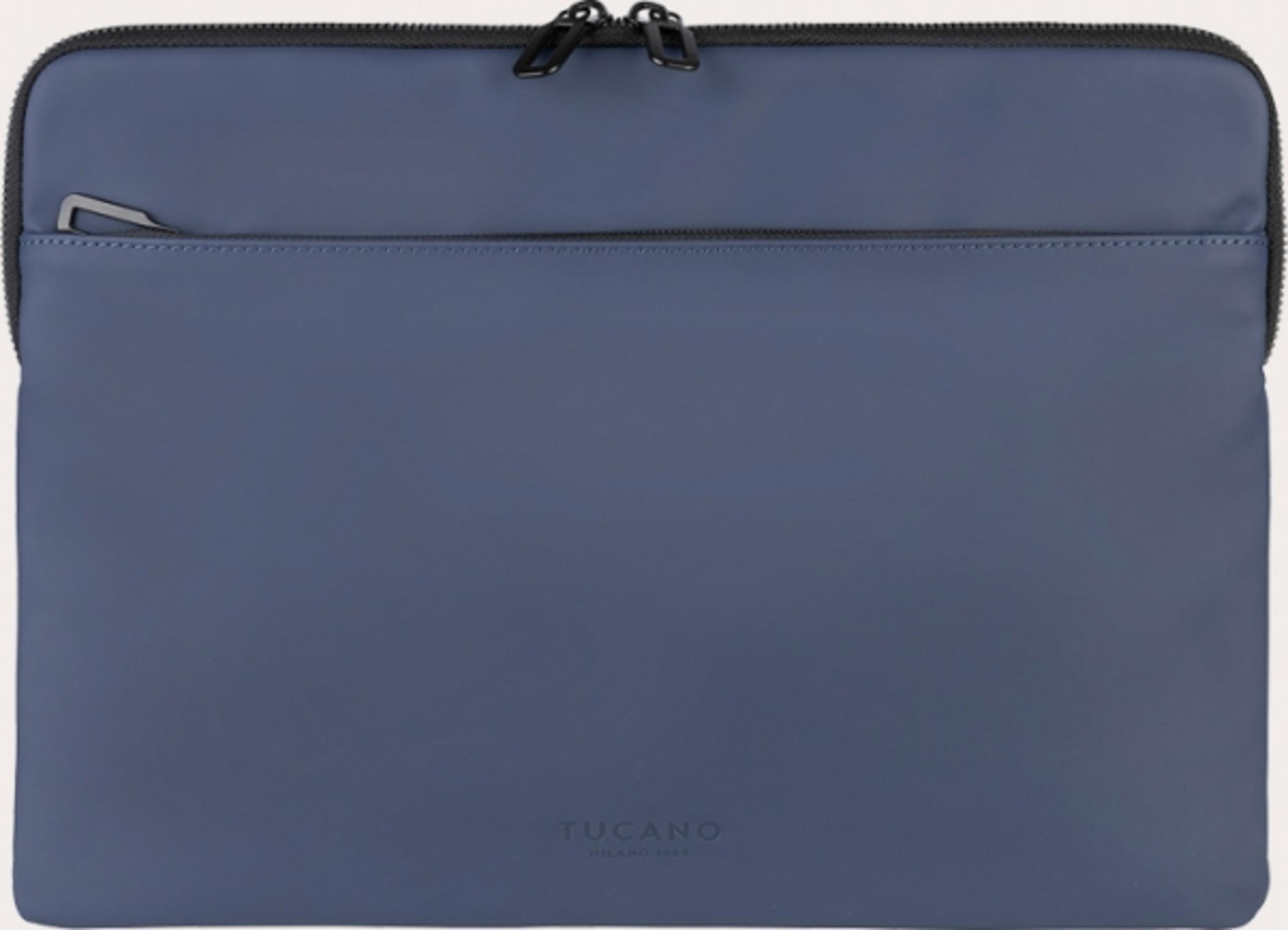 Dunkelblaue Laptoptasche mit Reißverschluss und Logo.