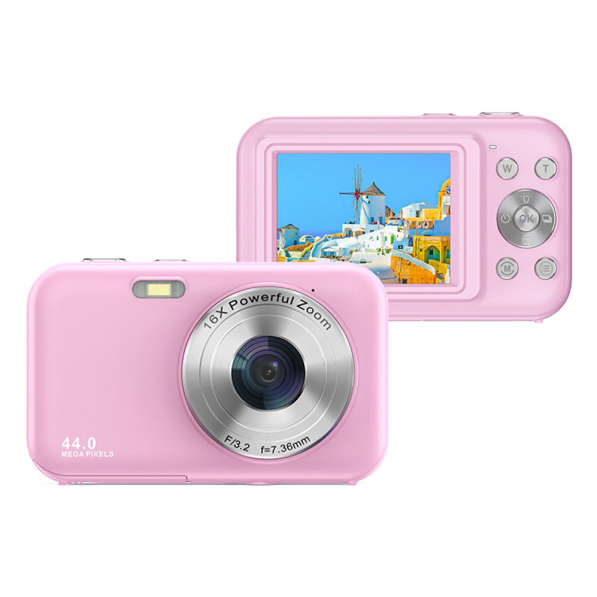 Eine rosa Digitalkamera mit 16-fachem Zoomobjektiv und 44MP-Display. Der Bildschirm zeigt ein Dorfmotiv.