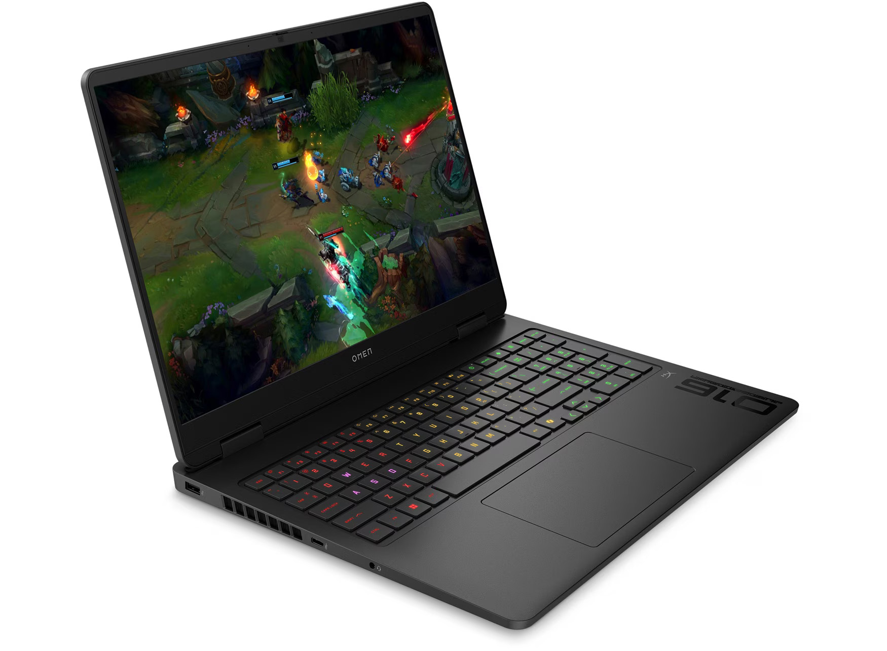 Schwarzer Omen Gaming-Laptop, der eine lebendige Spielszene mit bunten Charakteren und grüner Tastatur zeigt.