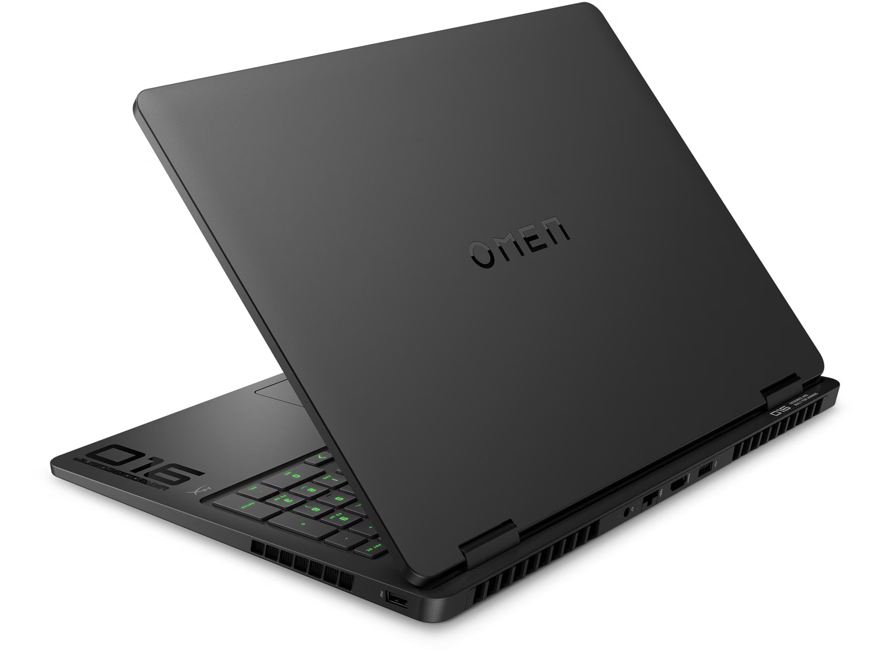Schwarzer Laptop mit leuchtend grüner Tastatur, offen und auf weißem Hintergrund.