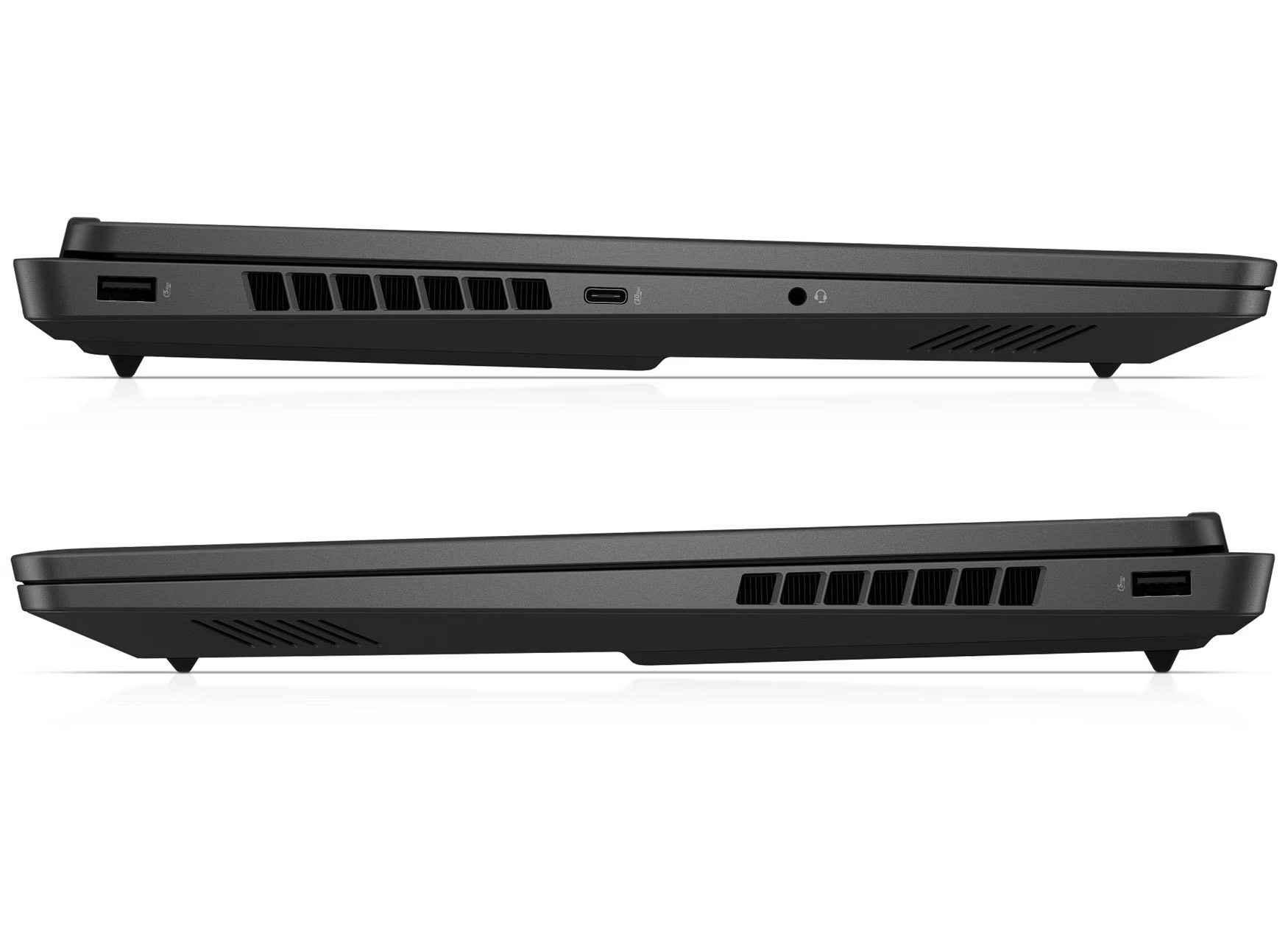 Schwarzer Laptop mit Lüftungsschlitzen, USB- und Kopfhöreranschlüssen.