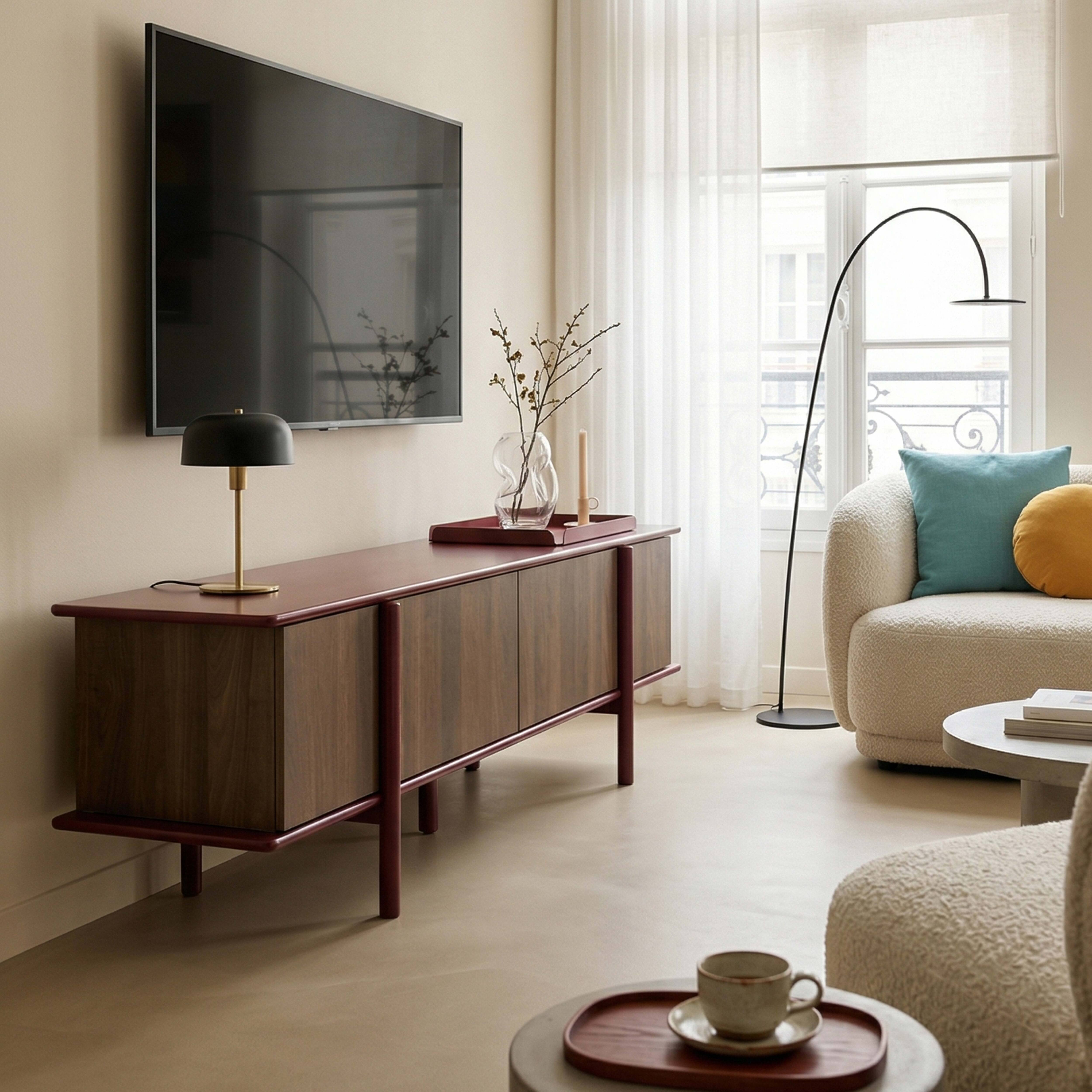 Ein Wohnzimmer mit einem dunklen Holzschrank, einem Fernseher, einem Sofa und einem Couchtisch.