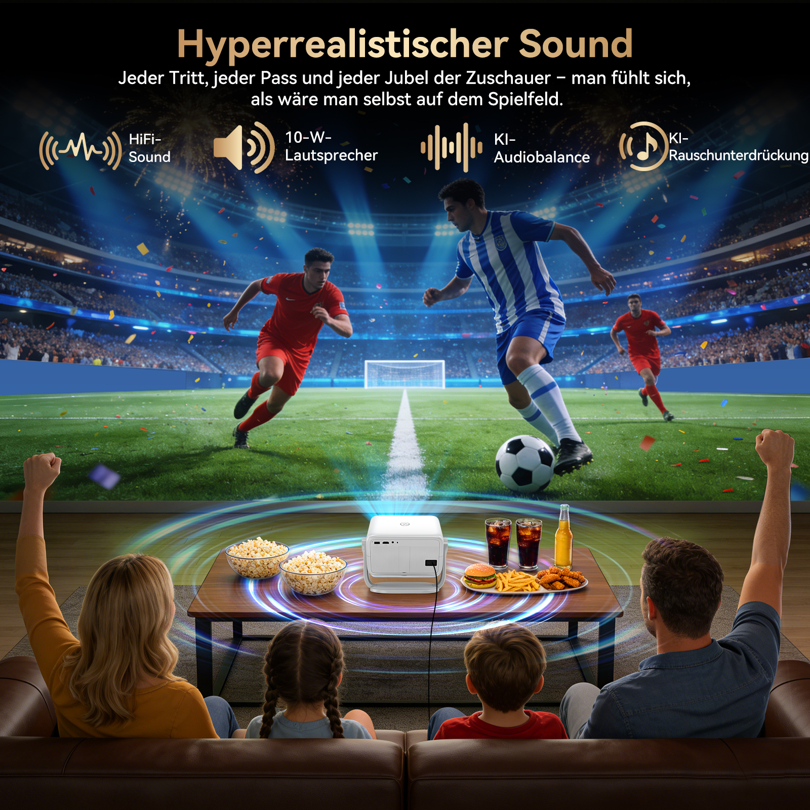 Familie schaut Fußball auf einer Leinwand, Snacks und Projektor.