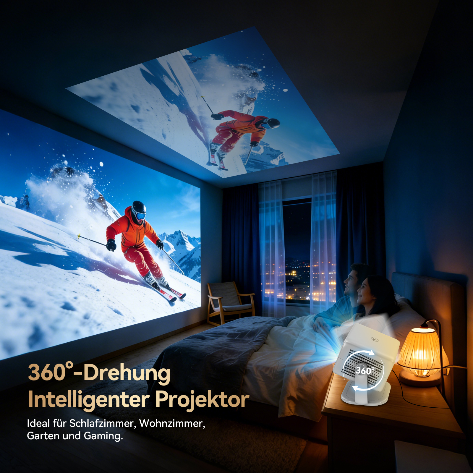 Ein Paar schaut einen Skifilm im Schlafzimmer, projiziert auf Wand und Decke.