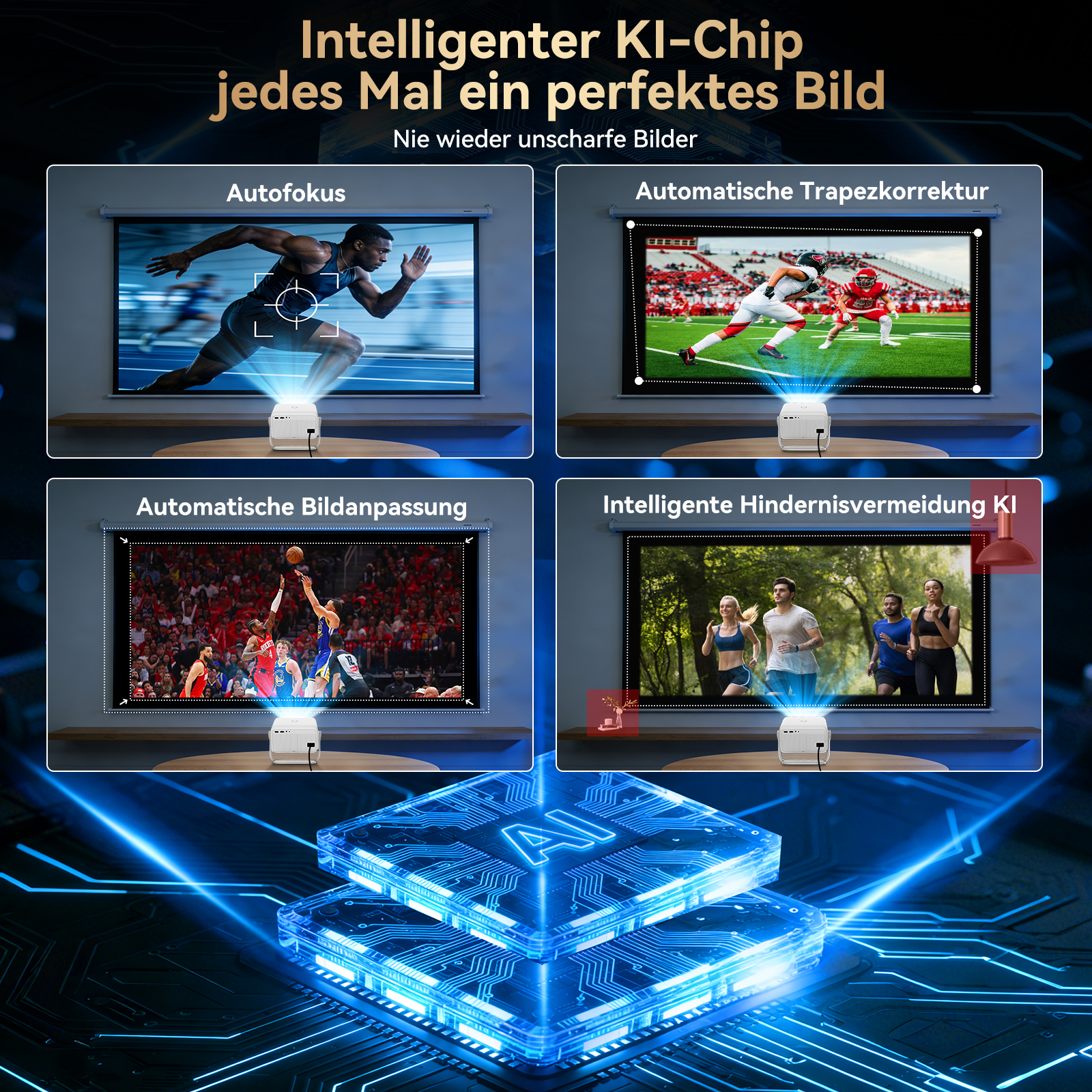 KI-Chip mit 4 Funktionen: Autofokus, Trapezkorrektur, Bildanpassung, Hindernisvermeidung.