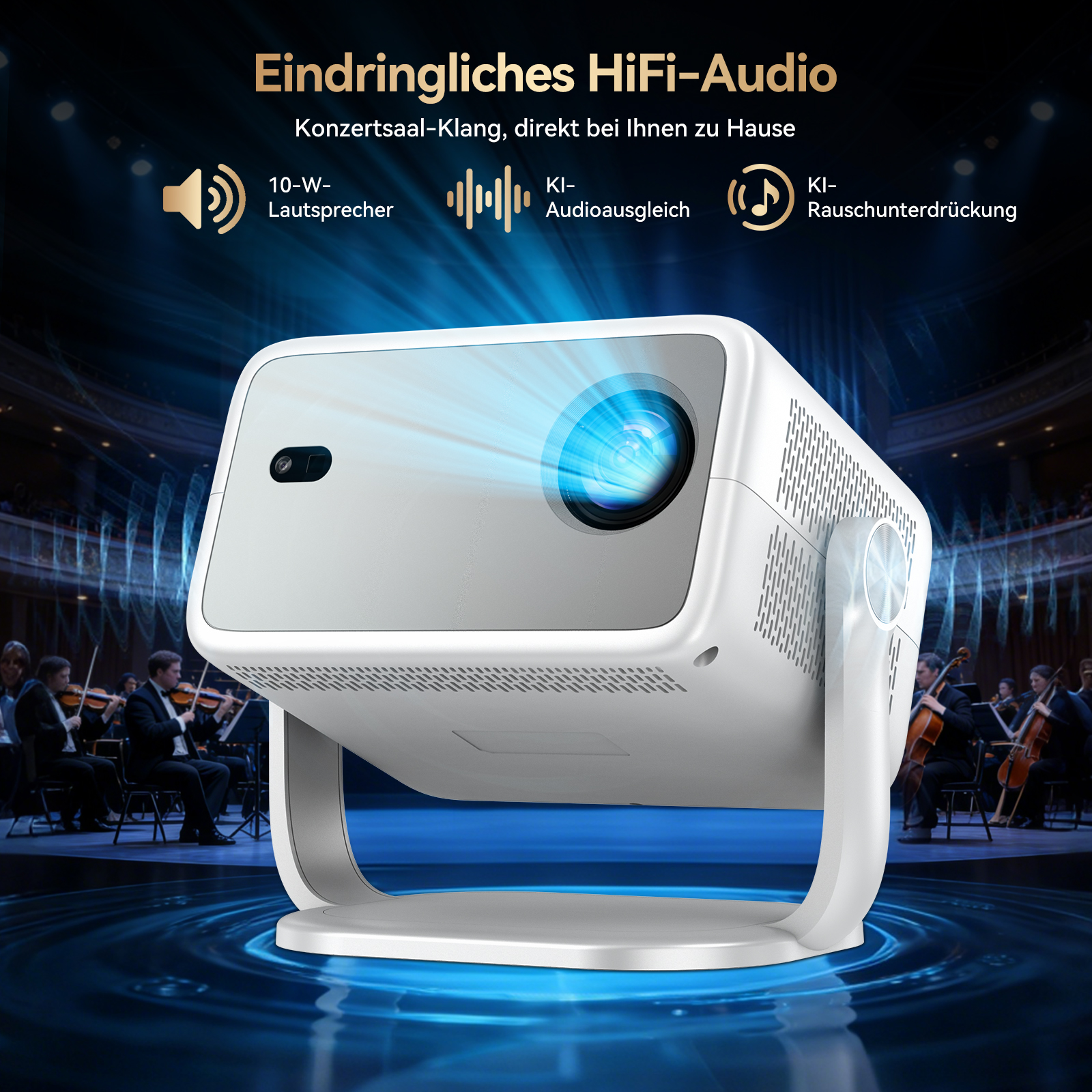 Ein weißer Projektor mit einem blauen Lichtstrahl vor einem Orchester.