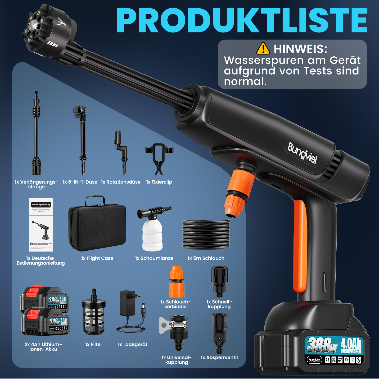 Produktliste mit Hochdruckreiniger und Zubehör: Akkus, Schlauch, Düsen, Koffer.