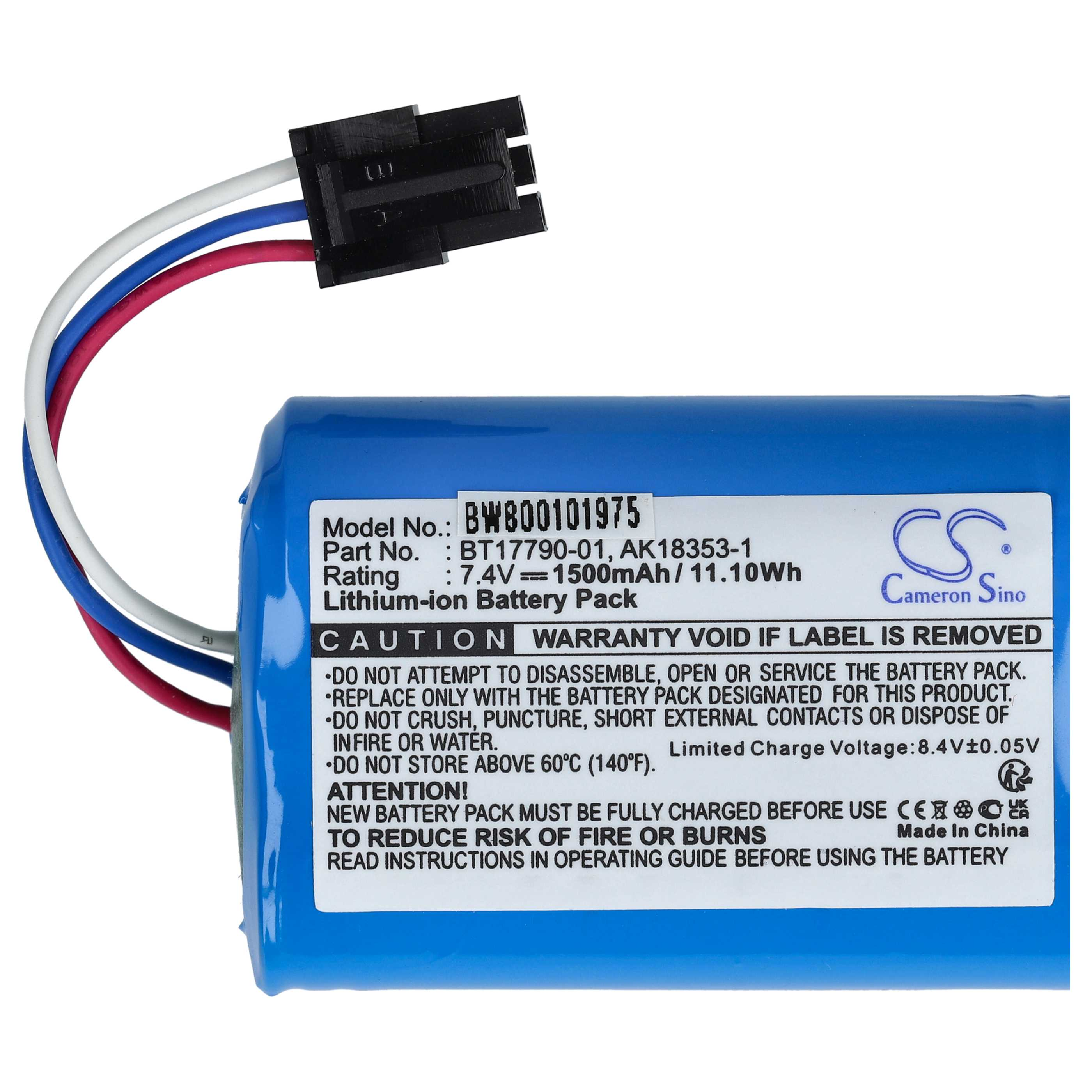 Blauer Lithium-Ionen-Akku mit weißen, blauen und roten Kabeln und schwarzem Stecker.