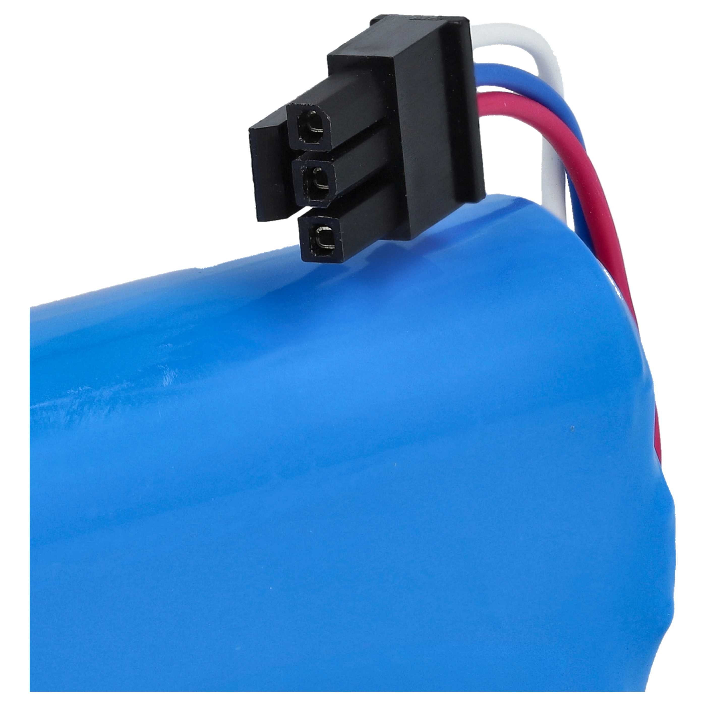 Ein blauer Akku mit einem schwarzen 3-poligen Stecker und roten, blauen, weißen Kabeln.