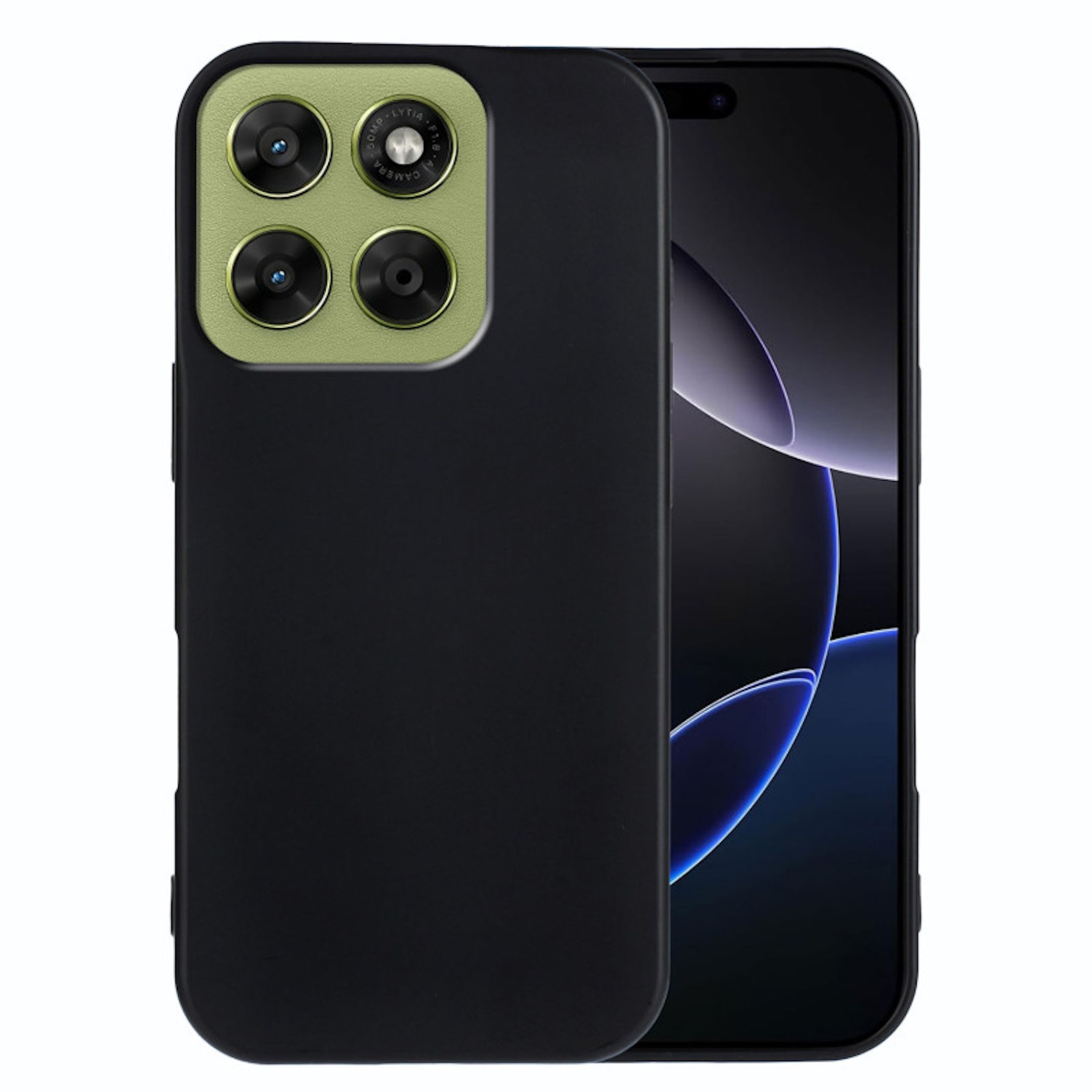 Schwarze Handyhülle mit vier Kameras und einem Smartphone mit dunklem Hintergrund.