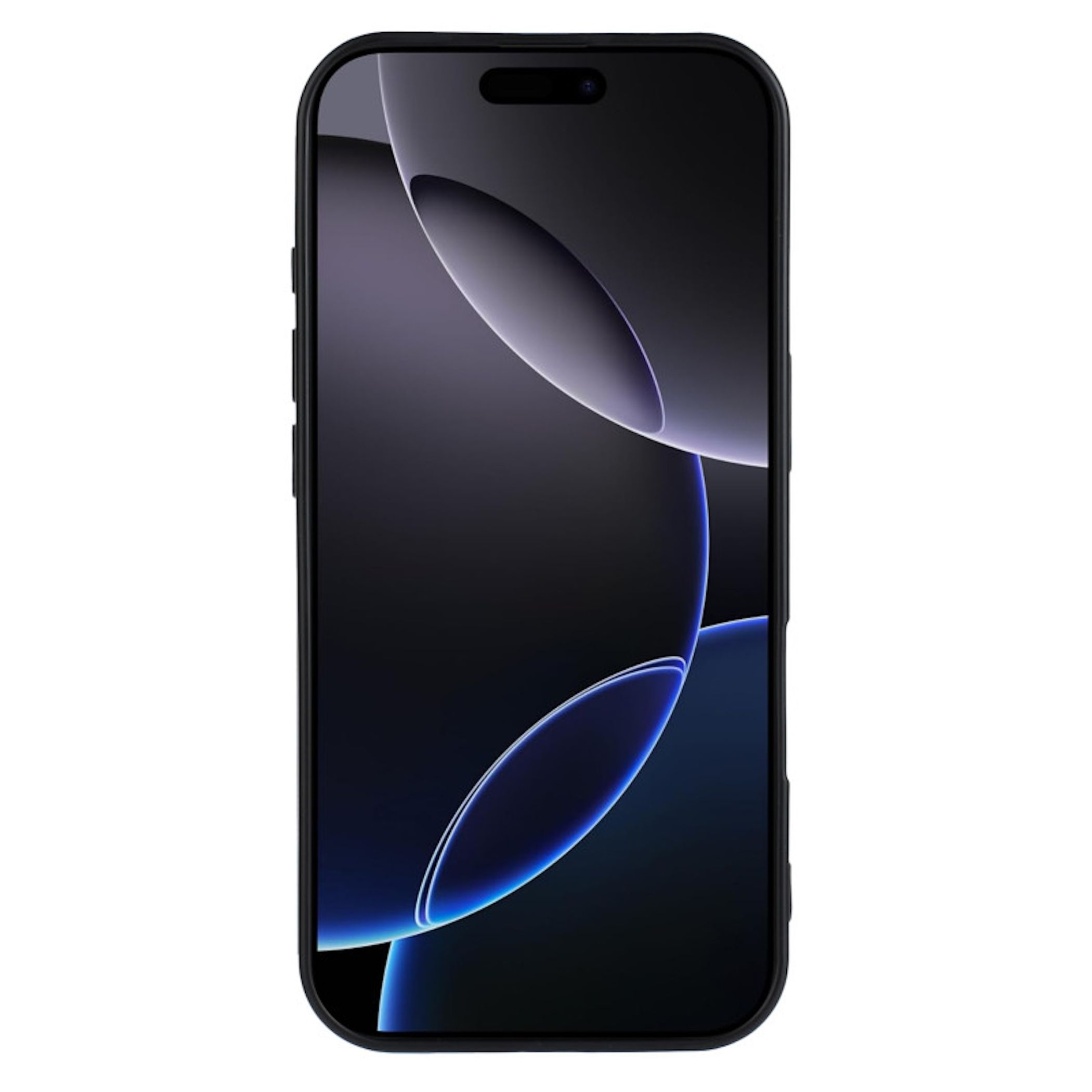 Ein schwarzes Smartphone mit einem dunklen, abstrakten Hintergrundbild.