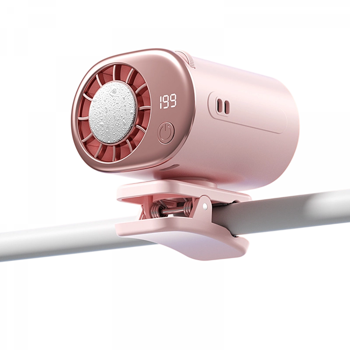 Ein rosafarbener Mini-Ventilator mit digitaler Anzeige, der an einer Stange befestigt ist.