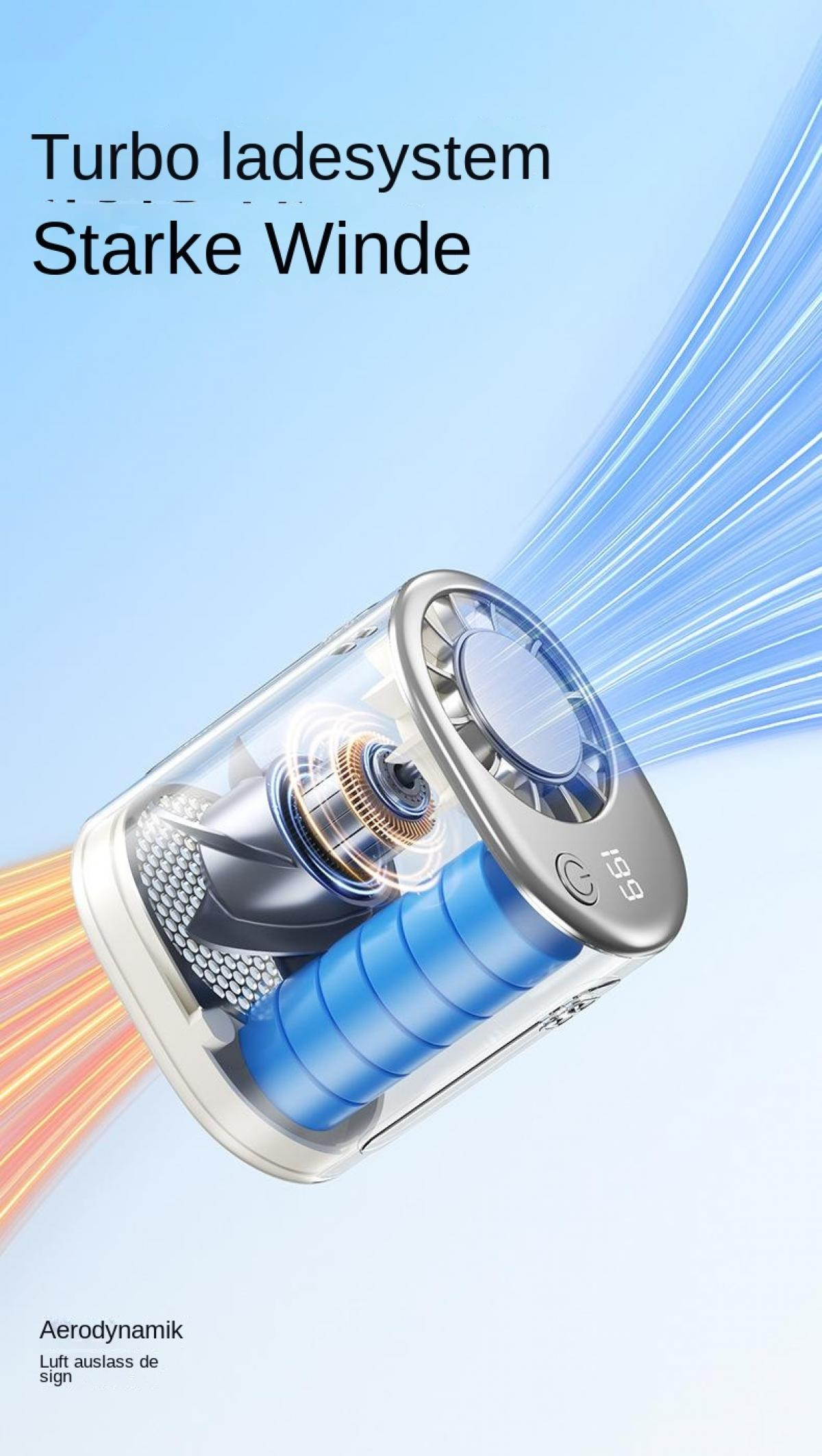 Turbosystem mit starkem Wind. Innenleben eines Staubsaugers mit Rotor und blauen Akkus.