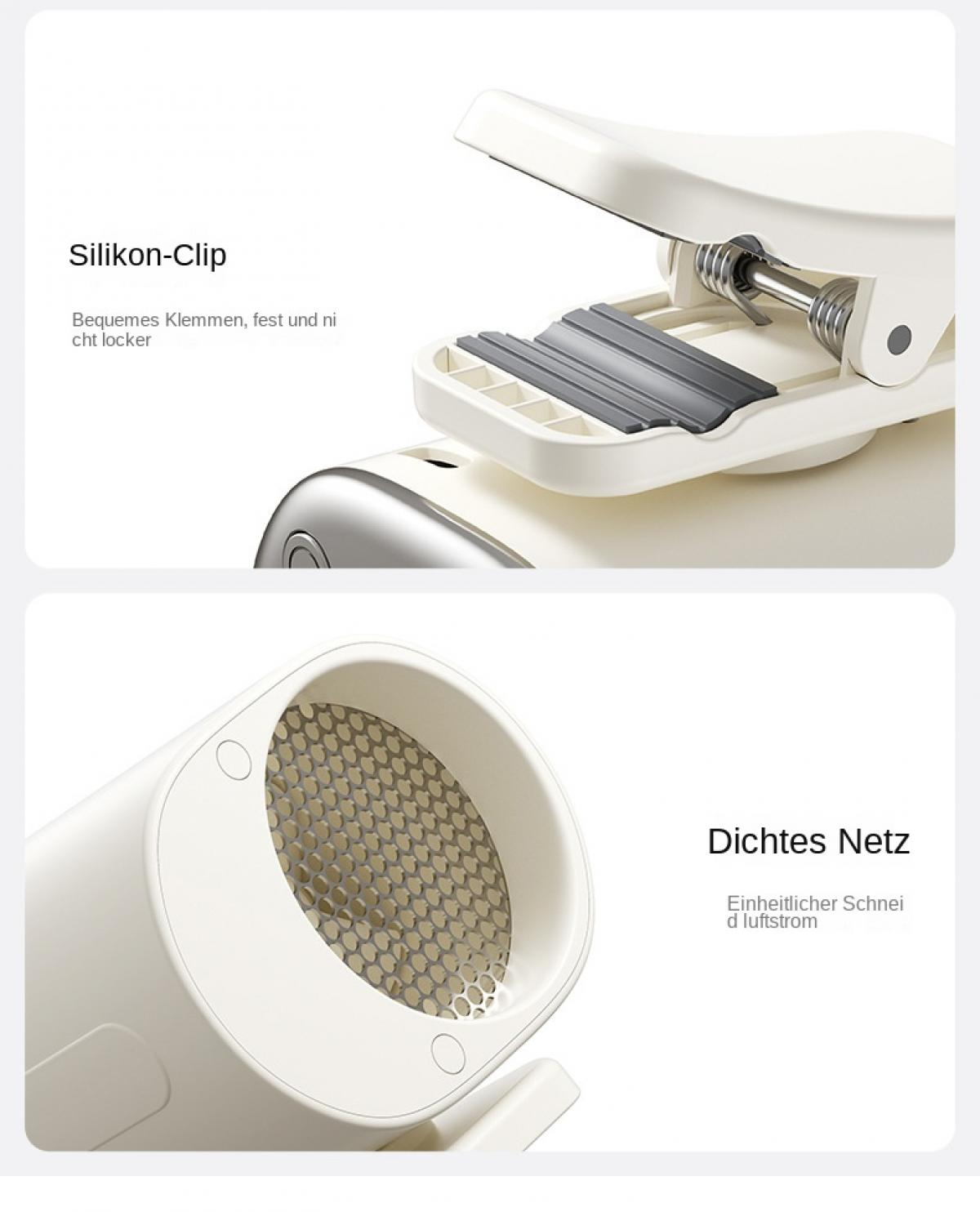 Nahaufnahme eines weißen Geräts mit Silikonclip und dichtem Netz.