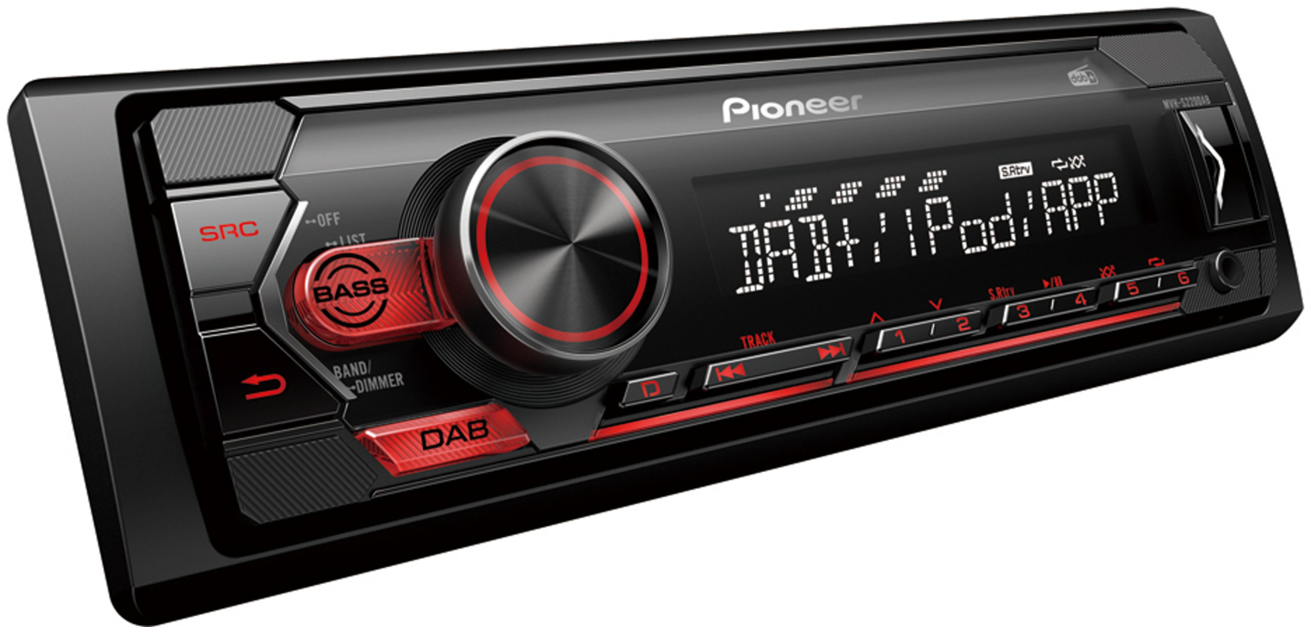 Pioneer Autoradio mit DAB+, iPod/APP-Anzeige, roten Tasten und Drehknopf.