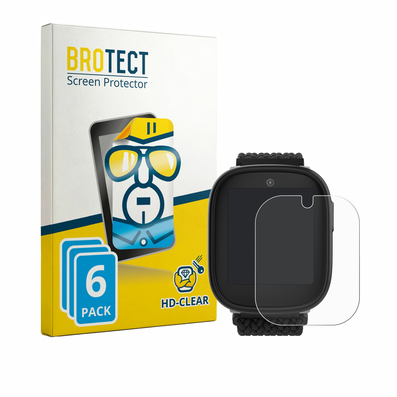Verpackung für Displayschutzfolien und eine einzelne Folie auf einer schwarzen Smartwatch.