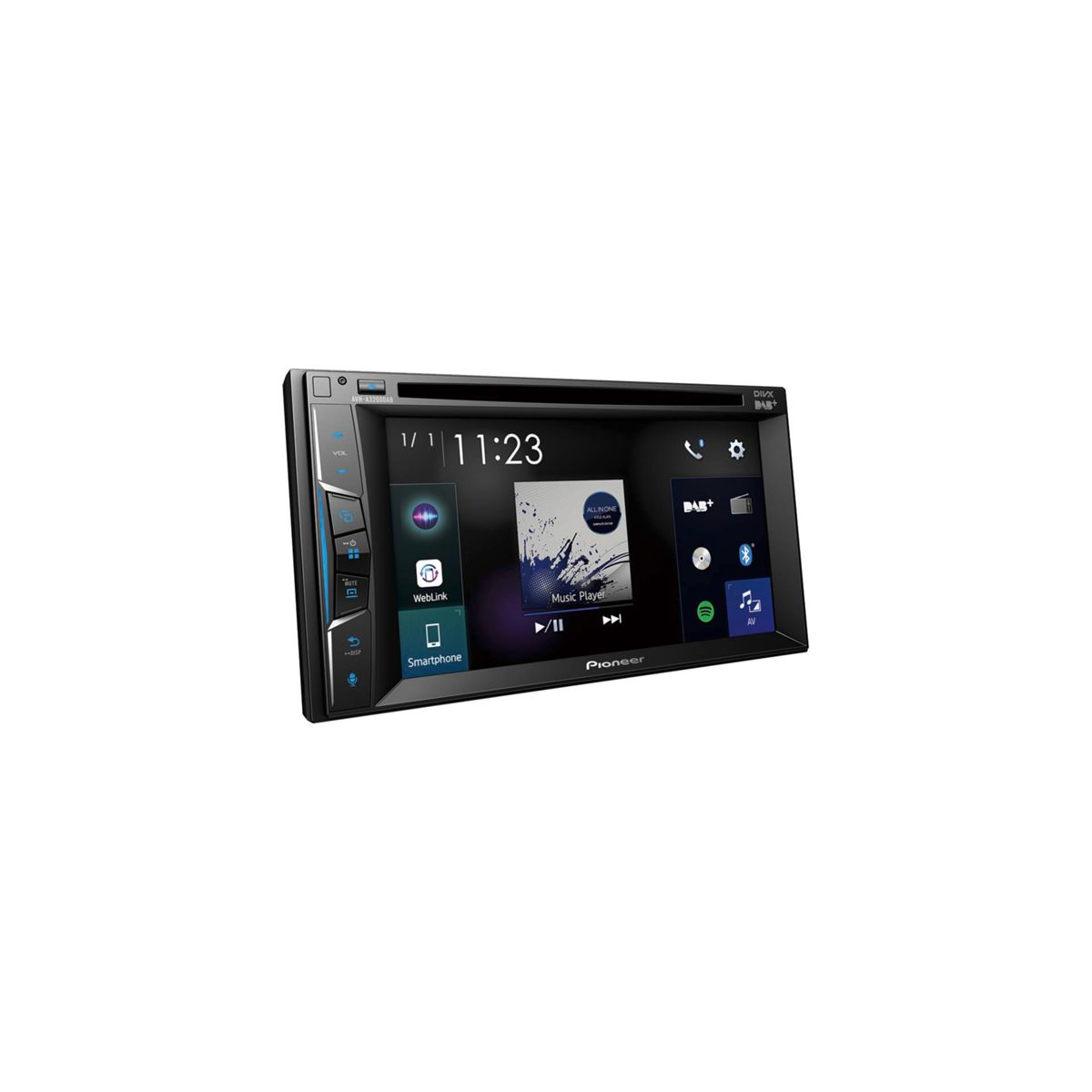 Ein Pioneer Autoradio mit Touchscreen zeigt 11:23 Uhr, Musik und Apps.