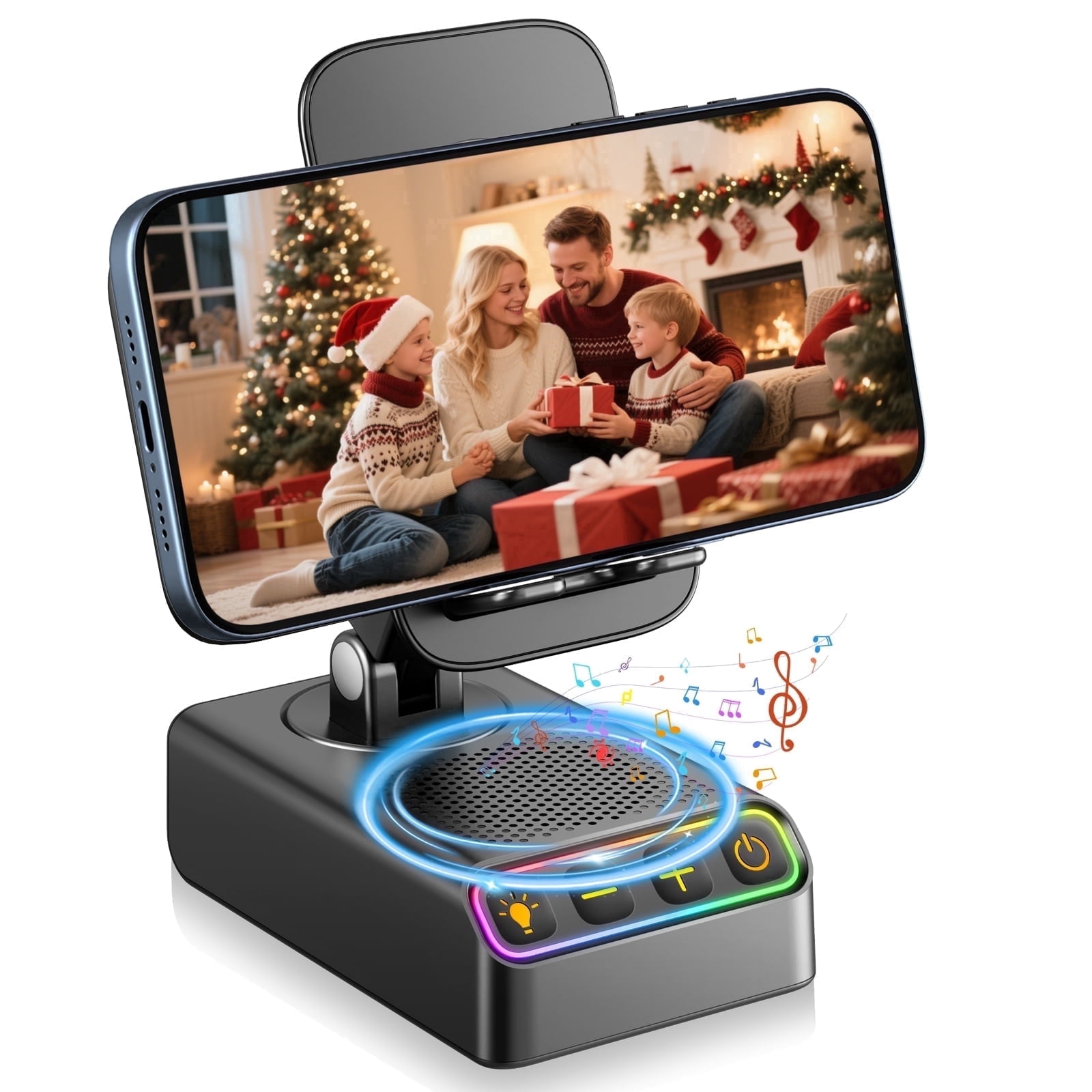 Eine Familie tauscht Geschenke bei einem Weihnachtsbaum und Kamin aus, angezeigt auf einem Telefon.