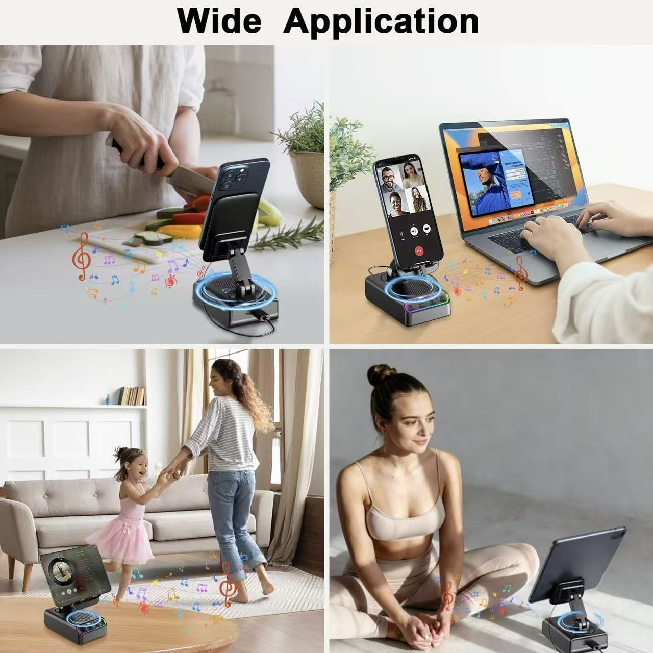 Vier Szenen zeigen ein Telefon mit Musiknoten: Kochen, Videocall, Tanzen, Yoga.