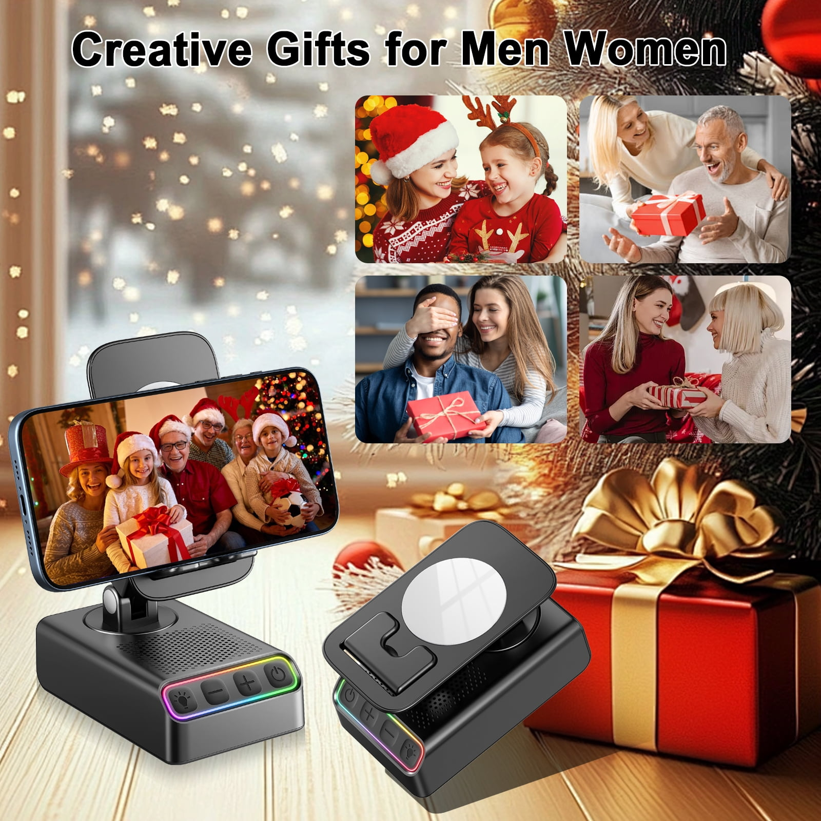 Collage zeigt Geschenke und Familien, die Weihnachten feiern.