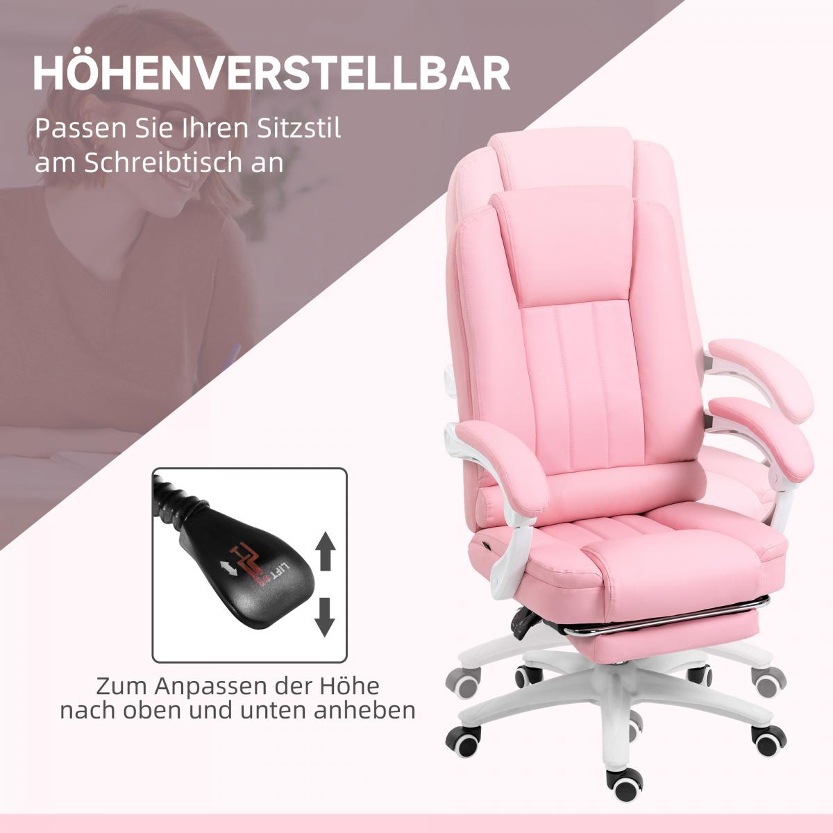 Ein rosa Bürostuhl mit verstellbarer Höhe und einem Fußstützenhebel.