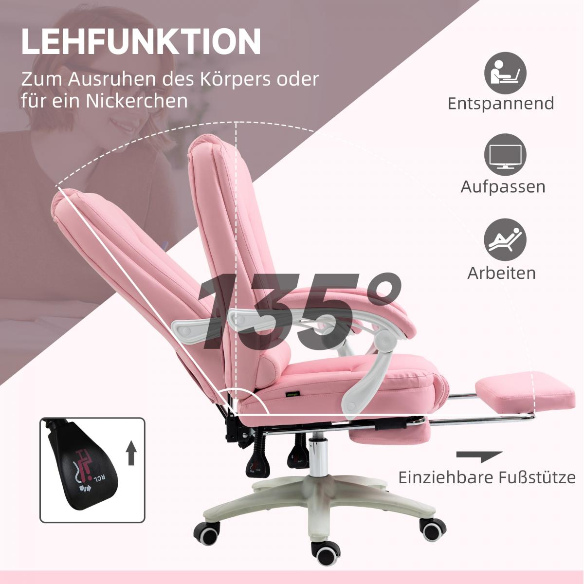 Ein rosafarbener Bürostuhl mit ausziehbarer Fußstütze, im Winkel von 135° gekippt.