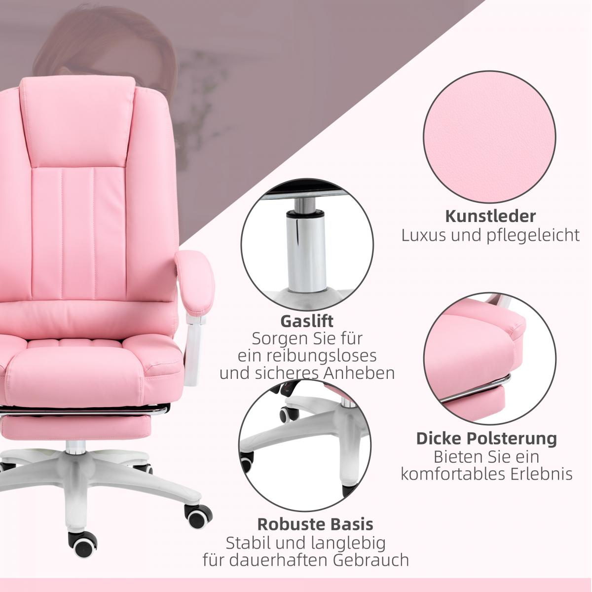 Ein rosa Bürostuhl mit Details zu Gaslift, Kunstleder, Polsterung und Basis.